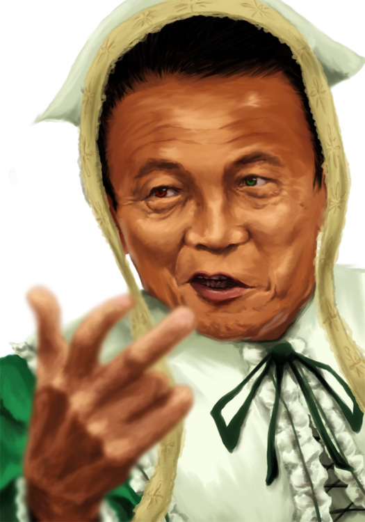 kpuro, asou tarou, suiseiseki, real life, rozen maiden, 1boy, cosplay, crossdressing, crossdressing (mtf), hat, headscarf, heterochromia, male focus, parody, politician, solo, suiseiseki (cosplay), white headscarf