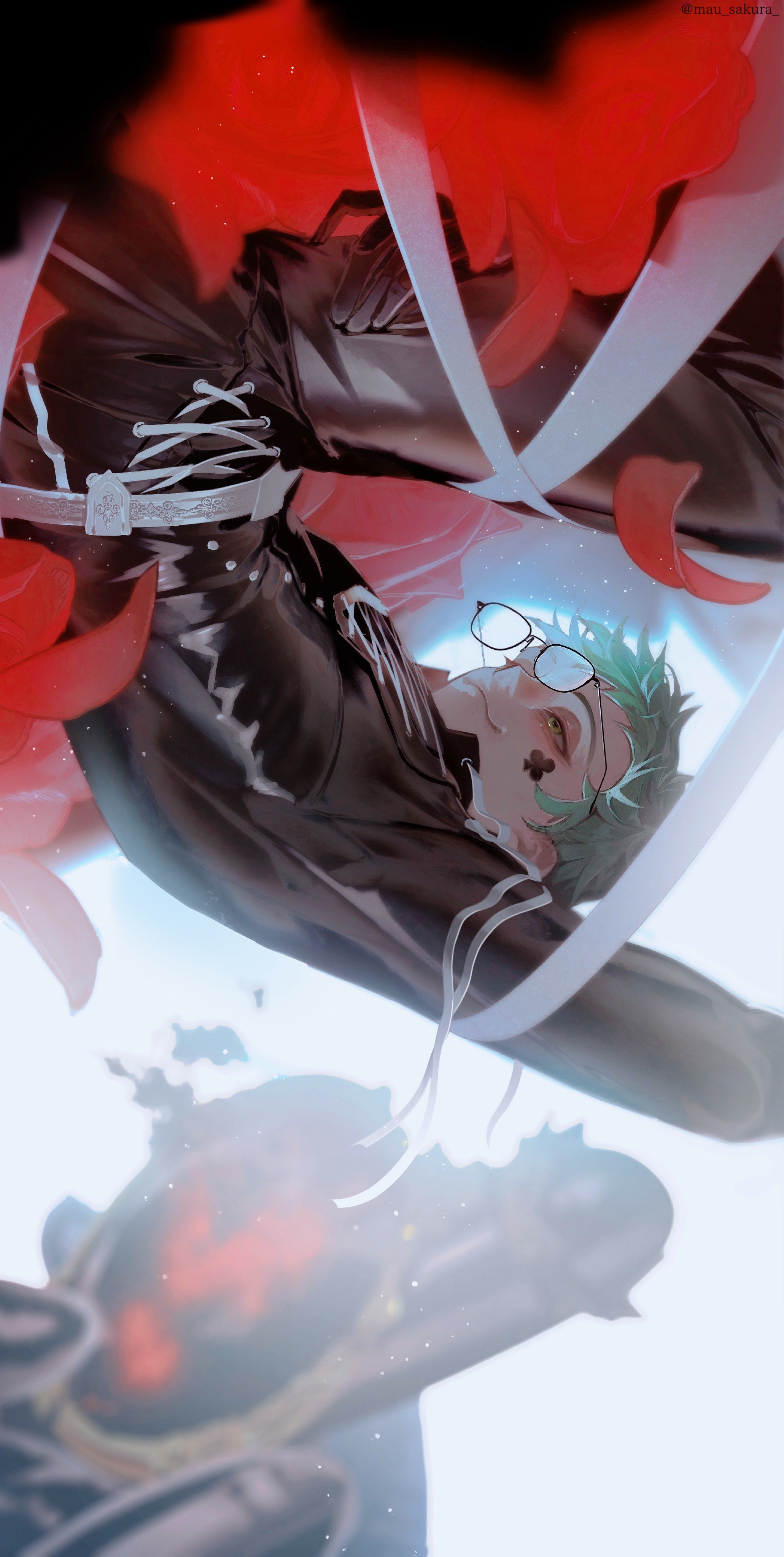 mau sakura, trey clover, twisted wonderland, absurdres, commentary request, highres, 1boy, bandages, belt, black gloves, black hair, black jacket, black pants, blurry, blurry foreground, closed mouth, facial mark, falling, falling petals, flower, glasses, gloves, green hair, high collar, jacket, light particles, long sleeves, male focus, pants, petals, profile, red flower, red petals, ribbon, shirt, short hair, sideways, smile, solo, upper body, upside-down, white belt, white ribbon, yellow eyes