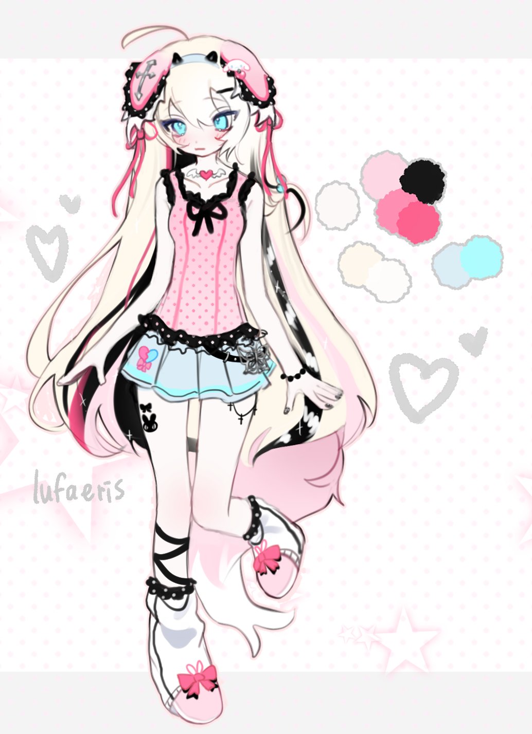 cloud (lufaeris), original, commentary, english commentary, highres, 1girl, adoptable, bare arms, blonde hair, blue skirt, bow, breasts, closed mouth, color guide, footwear bow, full body, heart, long hair, looking at viewer, miniskirt, multicolored hair, pink bow, pink shirt, pink streaks, shirt, shoes, skirt, sleeveless, sleeveless shirt, small breasts, solo, standing, standing on one leg, star (symbol), streaked hair, swept bangs, white background, white shoes