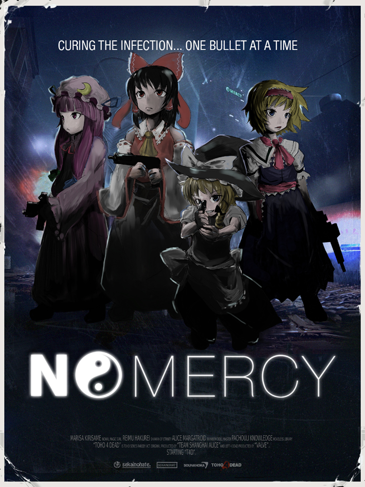 jin (sekainohate), alice margatroid, hakurei reimu, kirisame marisa, patchouli knowledge, left 4 dead, left 4 dead 1, touhou, 4girls, :<, black hair, blonde hair, blue eyes, bow, braid, broom, detached sleeves, english text, female focus, gun, hairband, hat, japanese clothes, long hair, miko, movie poster, multiple girls, parody, poster (medium), purple eyes, purple hair, rain, red eyes, short hair, weapon, witch, witch hat, yellow eyes, yin yang