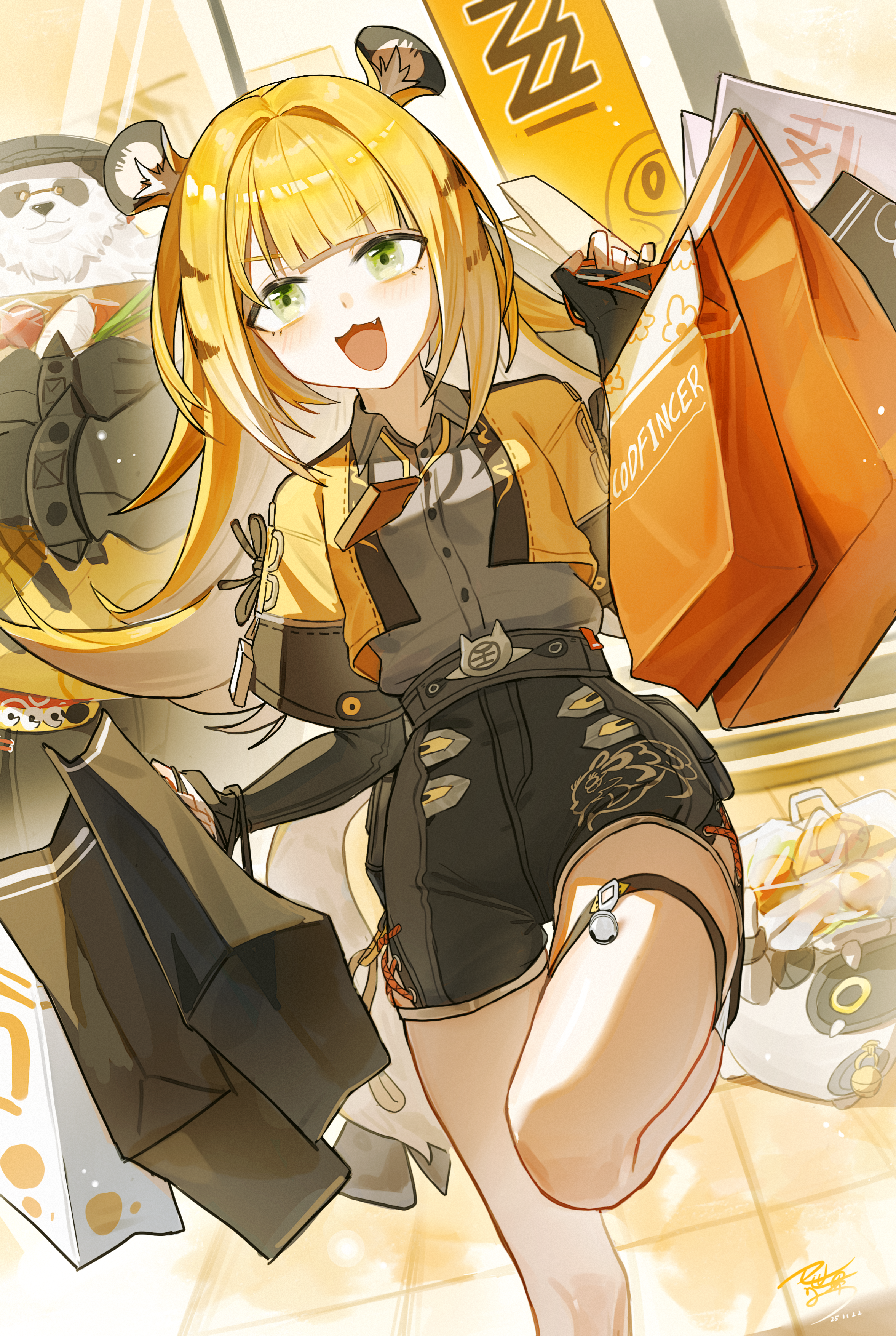 yisjhui, ju fufu, zenless zone zero, absurdres, commentary request, highres, 1girl, animal ears, bag, black gloves, black shorts, blonde hair, blunt bangs, gloves, green eyes, grey shirt, hands up, holding, holding bag, jacket, long hair, open mouth, orange bag, shirt, shorts, smile, solo, yellow jacket