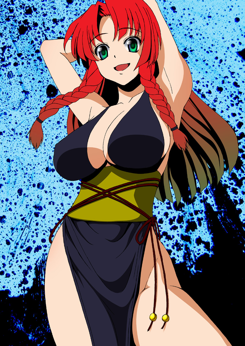 yukinoserizawa, chun-li, hong meiling, capcom, street fighter, street fighter iv (series), touhou, bad id, bad pixiv id, 1girl, alternate costume, armpits, arms behind head, arms up, braid, breasts, chun-li (cosplay), cleavage, cosplay, female focus, large breasts, long hair, pelvic curtain, red hair, solo, twin braids