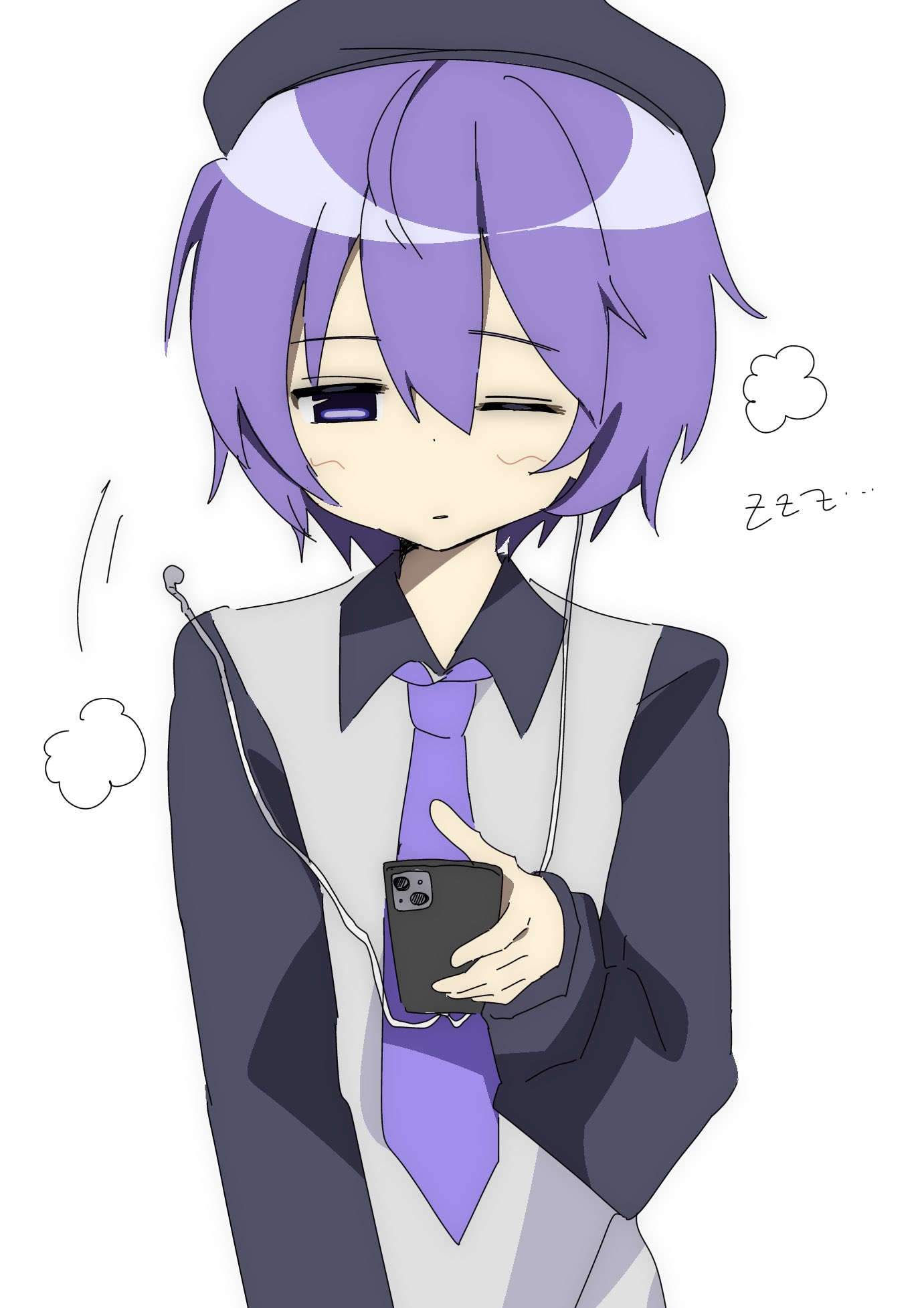 utane uta, utau, commentary request, highres, 1girl, beret, cellphone, collared shirt, earbuds, earphones, expressionless, grey shirt, hair between eyes, hat, holding, holding phone, necktie, one eye closed, phone, purple hair, purple hat, purple necktie, purple sleeves, shirt, short hair, sleepy, smartphone, solo, upper body, uuuuua07