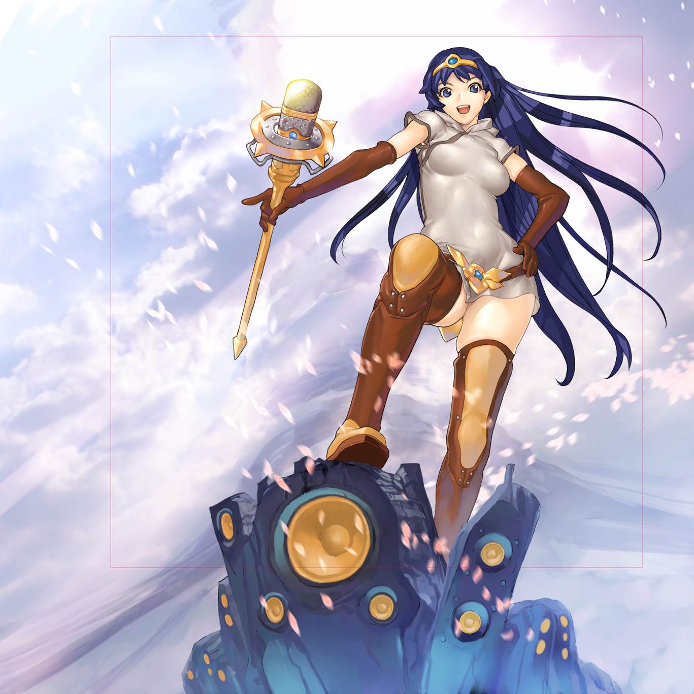 hakua ugetsu, ki (druaga), druaga no tou, highres, scan, 1girl, :d, female focus, long hair, open mouth, purple eyes, purple hair, smile, solo