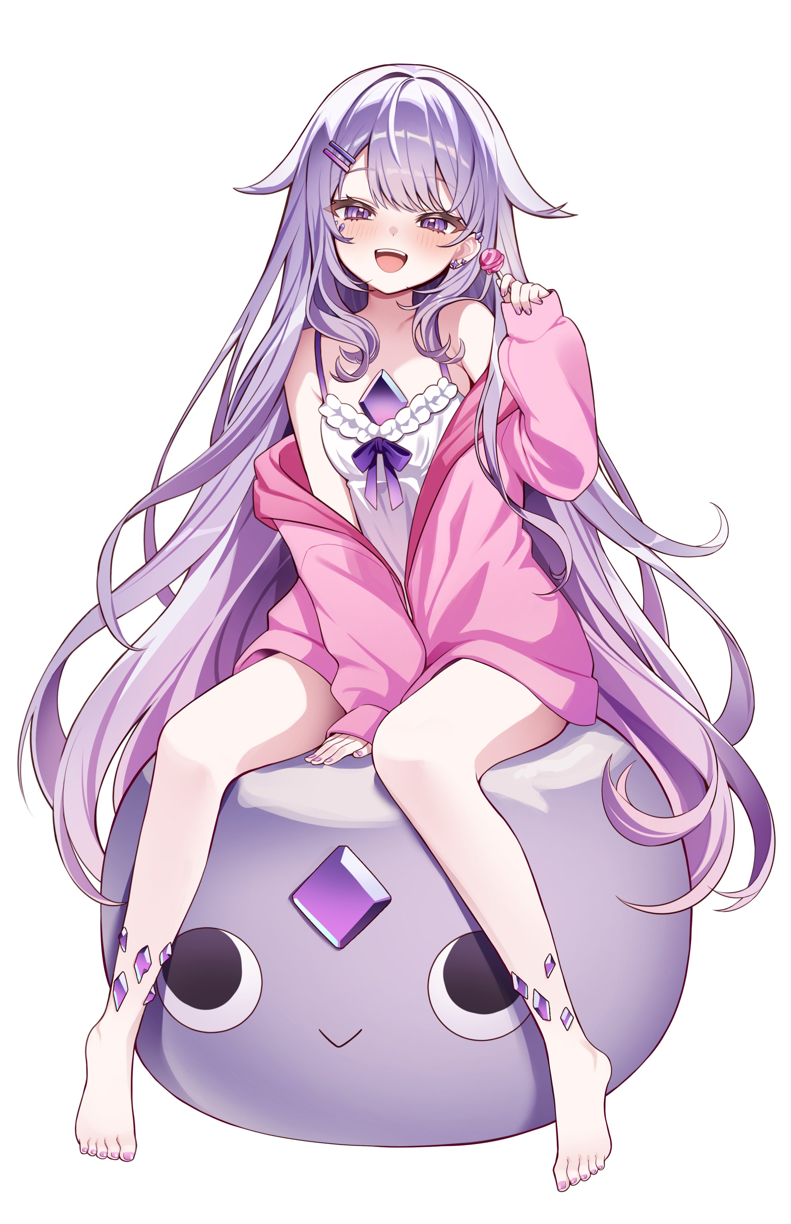 noraneco117, koseki bijou, holoadvent, hololive, hololive english, absurdres, commentary request, highres, 1girl, :d, barefoot, between legs, candy, center-flap bangs, chemise, chest jewel, double-parted bangs, food, frilled chemise, full body, gem, hair flaps, hair ornament, hairclip, hand between legs, hand up, holding, holding candy, holding food, holding lollipop, jacket, jewel under eye, light blush, lollipop, long hair, looking at viewer, off shoulder, open mouth, parallel hairclips, purple eyes, purple gemstone, purple hair, purple jacket, sidelocks, simple background, sitting, smile, solo, teeth, toes, upper teeth only, very long hair, virtual youtuber, white background, white chemise
