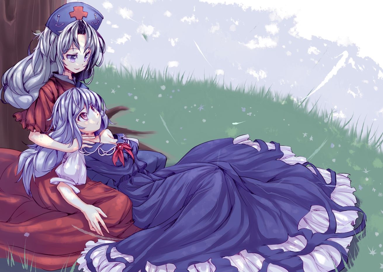 hiraga matsuri, hirasato, ukyo rst, kamishirasawa keine, yagokoro eirin, touhou, silver hair, colorized, 2girls, blue dress, blue eyes, blue hair, breasts, cleavage, dress, female focus, grass, hat, long hair, looking down, looking up, medium breasts, multiple girls, nurse cap, off shoulder, red eyes, shade, yuri