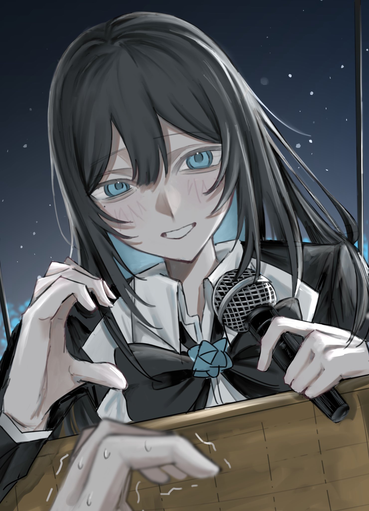 chando (ado), ado (utaite), commentary, highres, 1girl, 1other, aegyo sal, black bow, black bowtie, black hair, blue eyes, blush, bow, bowtie, collared shirt, hair between eyes, half-heart hands, holding, holding microphone, long hair, looking at viewer, microphone, mole, mole under eye, nervous sweating, open mouth, pipipi co co, pov, shirt, sweat, white shirt, yodaka (ado)