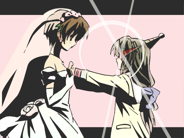 ibuki fuuko, ibuki kouko, clannad, tengen toppa gurren lagann, spoilers, dress, kamina shades, lens flare, parody, siblings, sisters, starfish, style parody, triangular eyewear, wedding dress