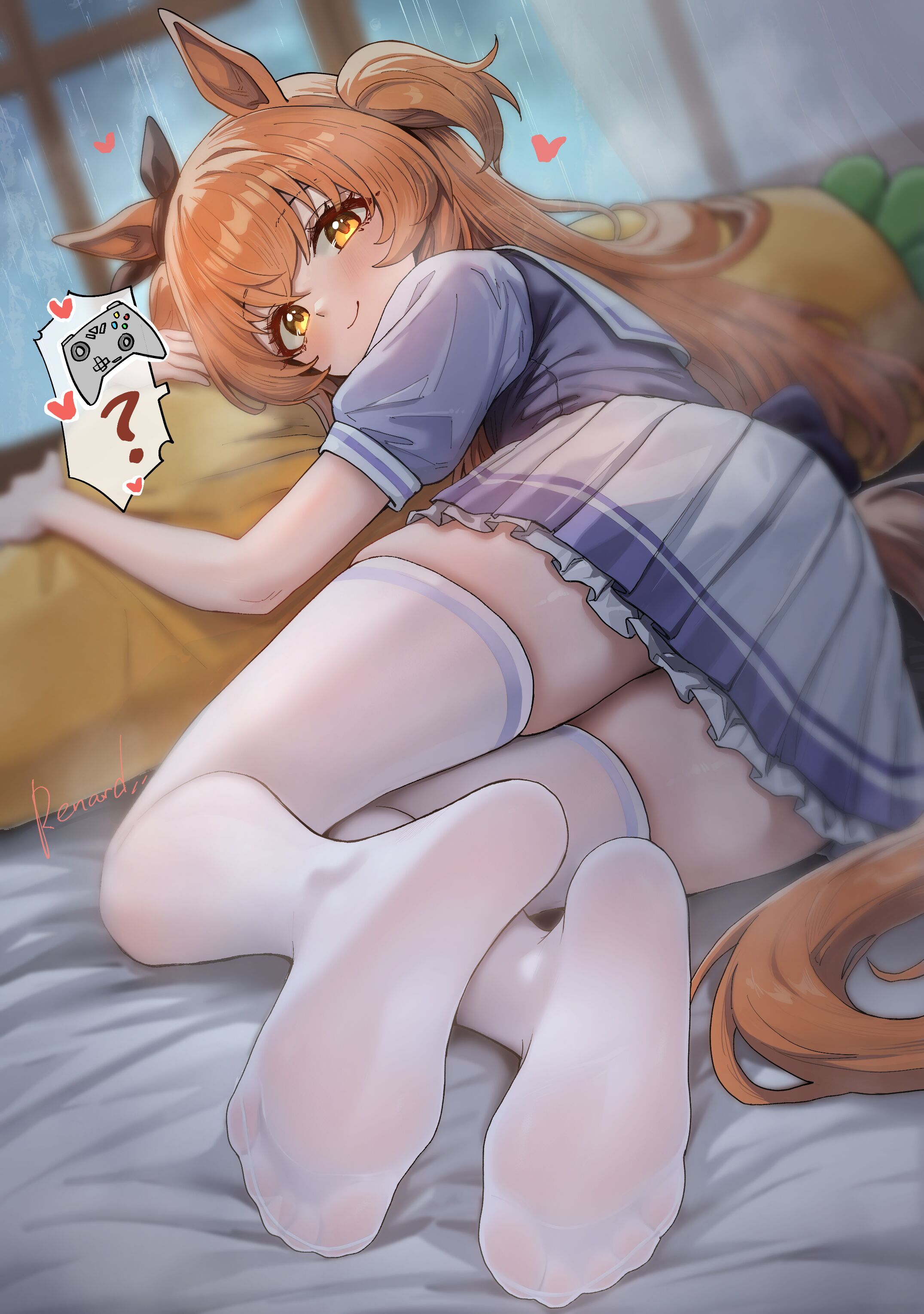 renard (pixiv 13710050), mayano top gun (umamusume), umamusume, absurdres, chinese commentary, commentary request, highres, 1girl, ?, animal ears, ass, back bow, blurry, blush, bow, brown ribbon, carrot-shaped pillow, cloud, cloudy sky, controller, curtains, depth of field, ear bow, ear ribbon, feet, frilled skirt, frills, game controller, heart, horse ears, horse girl, horse tail, indoors, long hair, looking at viewer, looking back, lying, on bed, on side, orange eyes, orange hair, orange tail, pleated skirt, puffy short sleeves, puffy sleeves, purple bow, purple shirt, rain, ribbon, school uniform, shirt, short sleeves, signature, skirt, sky, smile, solo, spoken object, spoken question mark, tail, thighhighs, toes, tracen school uniform, two side up, white skirt, white thighhighs, window, zettai ryouiki