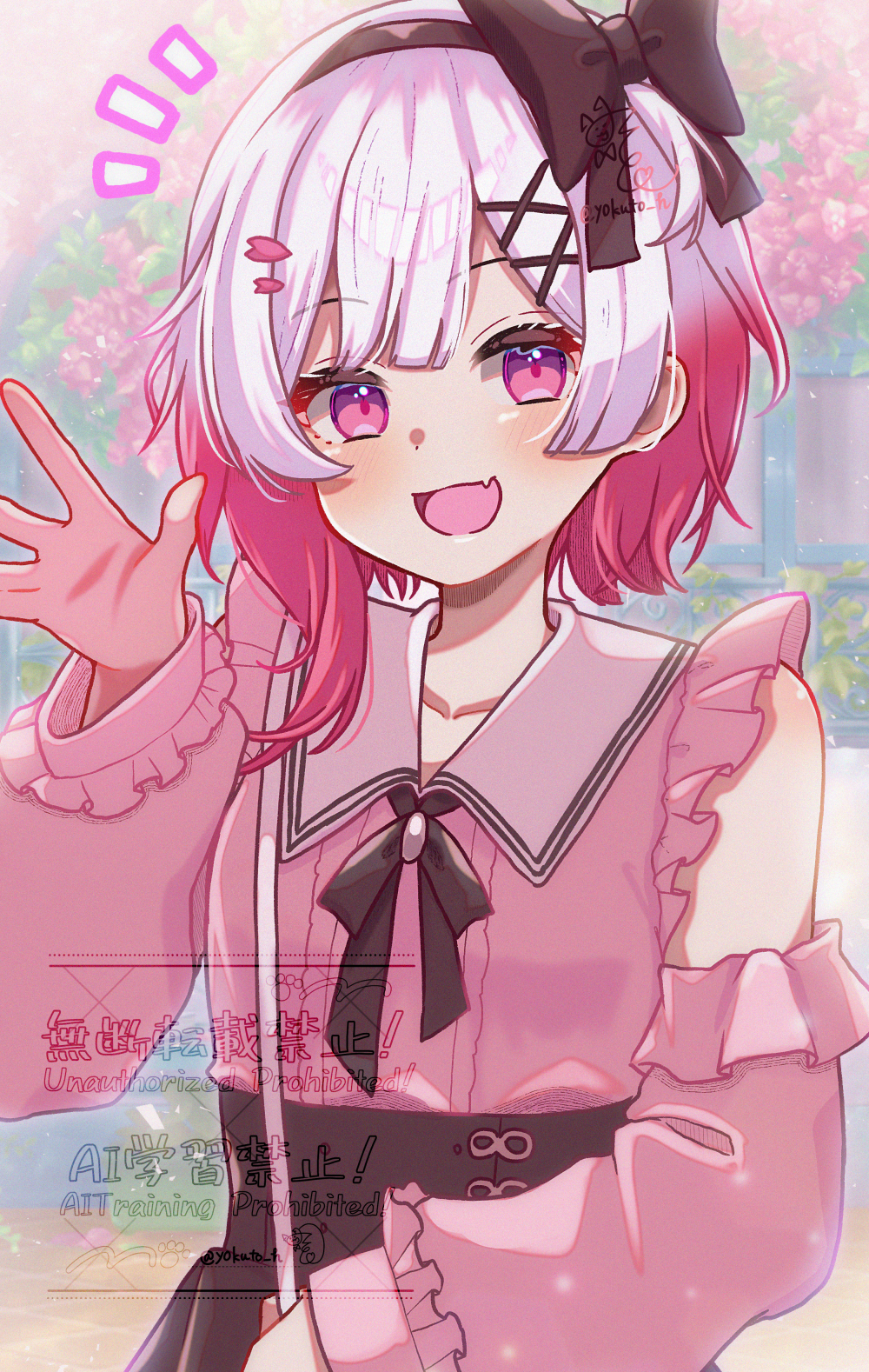 yokuto, sakuraba ema, book off, mahou shoujo no majo saiban, commentary request, highres, 1girl, :d, colored tips, detached sleeves, fang, gradient hair, hair ornament, hand up, looking at viewer, multicolored hair, notice lines, official alternate costume, open mouth, pink eyes, pink hair, pink shirt, pink sleeves, shirt, skin fang, sleeveless, sleeveless shirt, smile, solo, two-tone hair, upper body, watermark, white hair