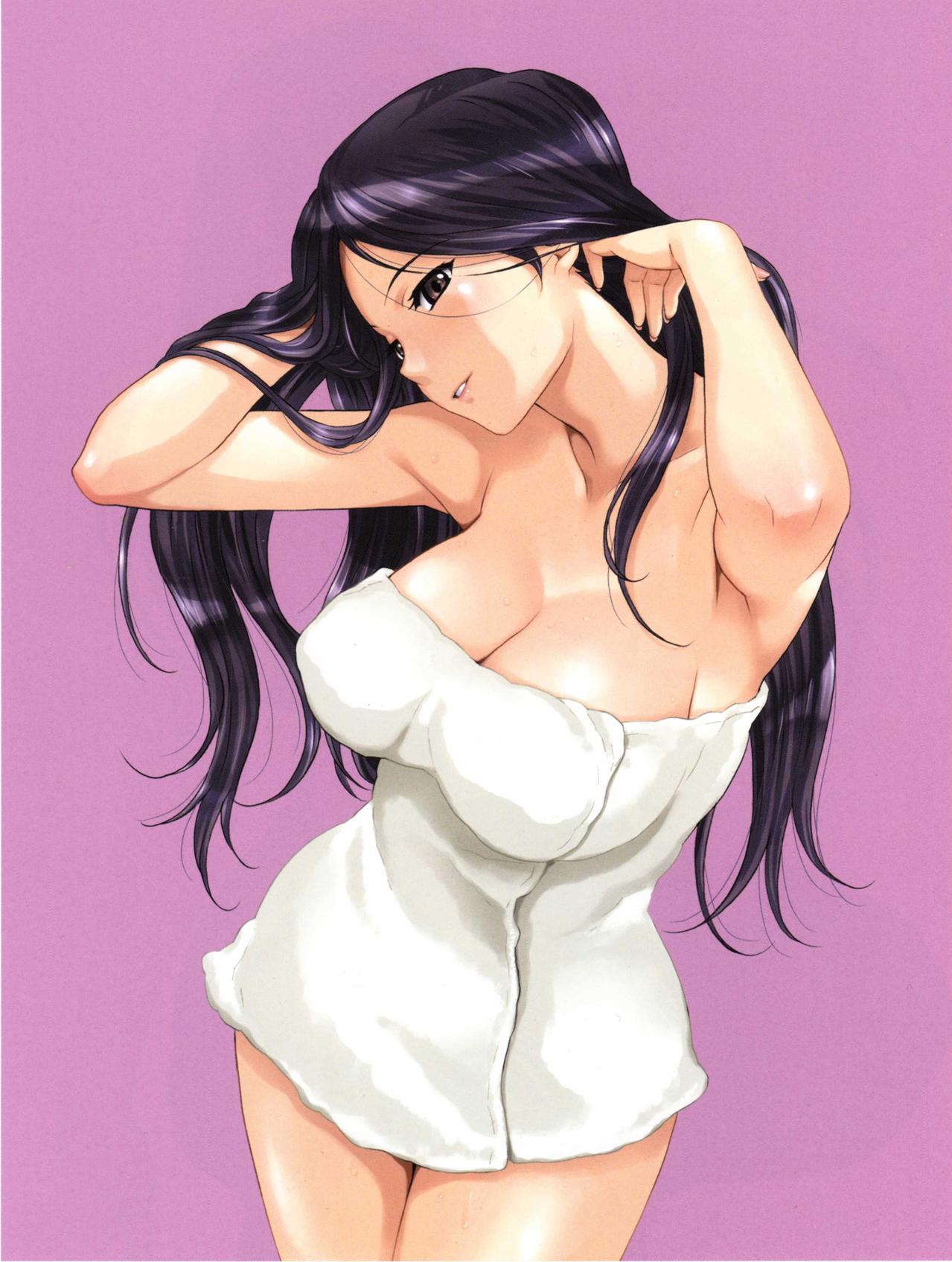 happoubi jin, highres, 1girl, adjusting hair, armpits, black eyes, black hair, breasts, cleavage, curvy, female focus, head tilt, impossible towel, large breasts, long hair, naked towel, purple background, simple background, smile, solo, towel