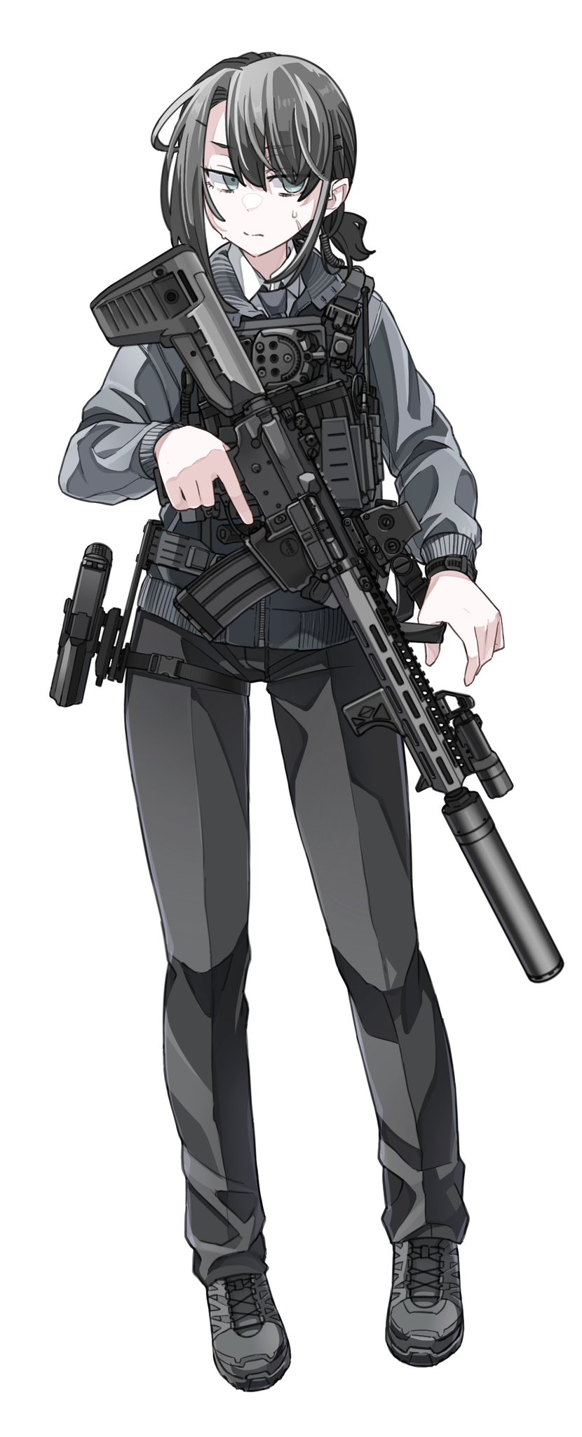 desert (deserteagle0321), original, commentary request, highres, 1girl, ar-15, black hair, black necktie, black pants, black shoes, bulletproof vest, closed mouth, collared shirt, earpiece, full body, glock, green eyes, grey jacket, gun, handgun, holding, holding gun, holding weapon, holstered, jacket, leg holster, necktie, pants, ponytail, rifle, shirt, shoes, short ponytail, simple background, sneakers, solo, standing, suppressor, sweatdrop, trigger discipline, watch, weapon, white background, white shirt, wristwatch