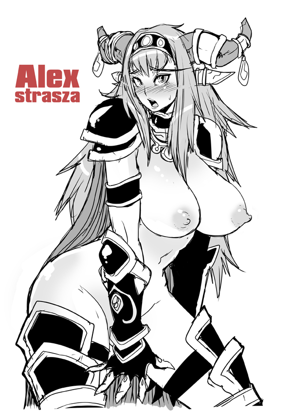 butcherboy, alexstrasza, warcraft, world of warcraft, armor, blush, breasts, cape, choker, covered erect nipples, gauntlets, gloves, hairband, horns, jewelry, large breasts, long hair, monochrome, nipples, sweatdrop, topless female