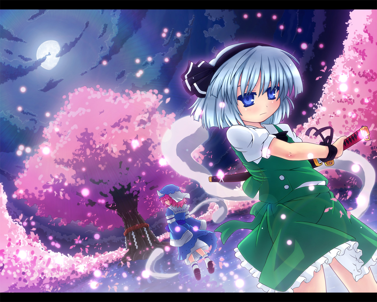 etogami kazuya, konpaku youmu, konpaku youmu (ghost), saigyou ayakashi, saigyouji yuyuko, touhou, silver hair, 2girls, blue eyes, cherry blossoms, female focus, floating, full moon, ghost, hairband, hat, hitodama, katana, lens flare, letterboxed, moon, moonlight, multiple girls, night, petals, pink hair, reflection, rope, shimenawa, short hair, sword, water, weapon