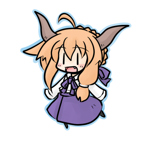 yanagi (nurikoboshi), artoria pendragon (fate), ibuki suika, saber (fate), fate/stay night, fate (series), touhou, lowres, 1girl, ahoge, blonde hair, blouse, chibi, cosplay, fang, female focus, full body, hair ribbon, horns, orange hair, ribbon, saber (fate) (cosplay), shirt, simple background, solo, white background, | |