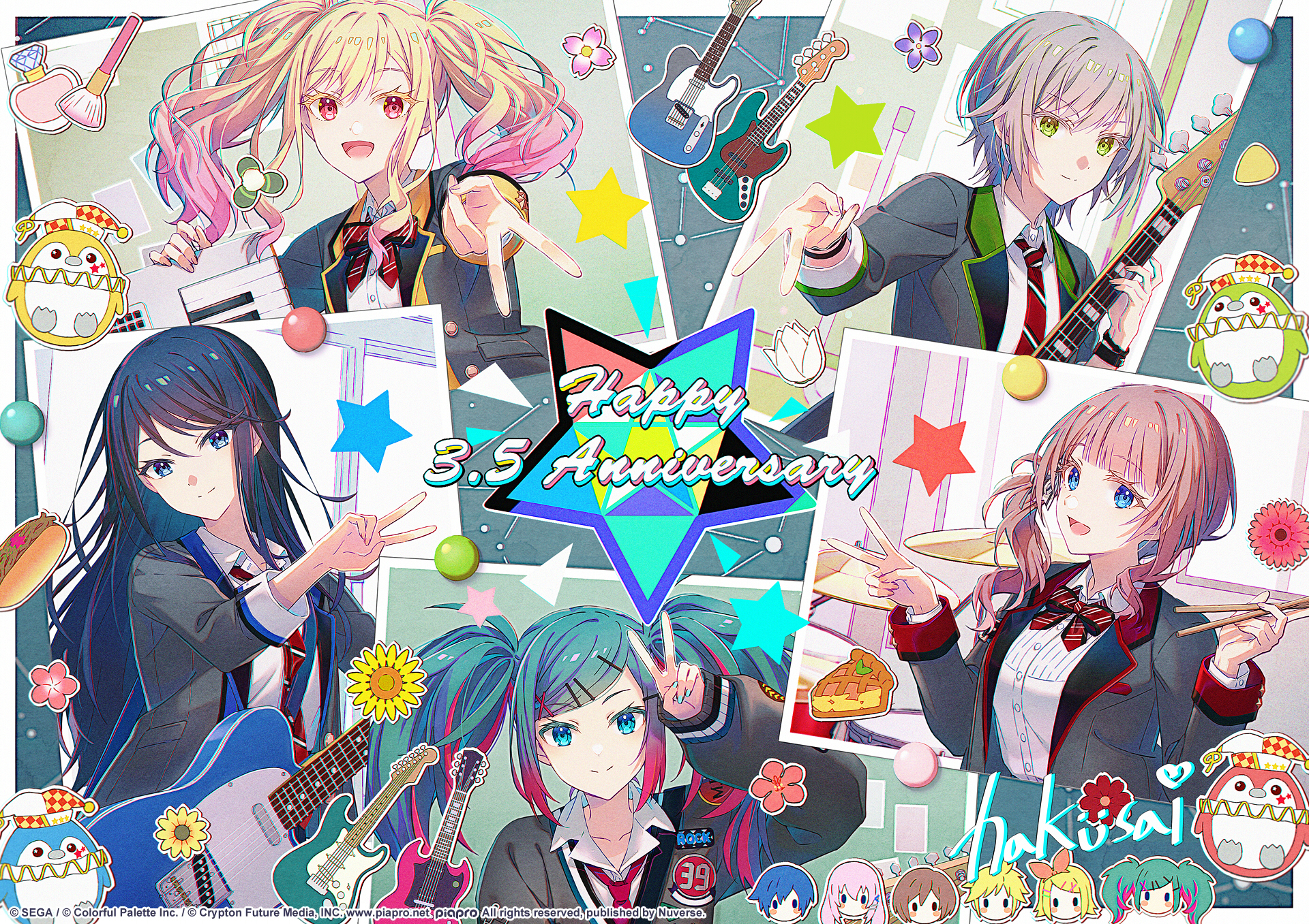 hakusai (tiahszld), hatsune miku, hinomori shiho, hoshino ichika (project sekai), kagamine len, kagamine rin, kaito (vocaloid), leo/need kaito, leo/need len, leo/need luka, leo/need meiko, leo/need miku, leo/need rin, megurine luka, meiko (vocaloid), mochizuki honami, tenma saki, project sekai, vocaloid, commentary request, highres, korean commentary, 2boys, 6+girls, anniversary, arm up, black hair, blazer, blonde hair, blue eyes, blue hair, blue nails, bow, brown hair, chibi, chibi inset, collared shirt, colored eyelashes, diagonal-striped bow, diagonal-striped clothes, diagonal-striped necktie, drum, drum set, drumsticks, electric guitar, gradient hair, green eyes, grey hair, grey jacket, guitar, hair ornament, hairclip, holding, holding instrument, instrument, jacket, keyboard (instrument), leo/need (project sekai), long hair, long sleeves, multicolored hair, multiple boys, multiple girls, nail polish, necktie, open clothes, open jacket, pink hair, puffy long sleeves, puffy sleeves, red bow, red eyes, red hair, red necktie, school uniform, shirt, star (symbol), streaked hair, striped bow, striped clothes, twintails, v, very long hair, white shirt, x hair ornament