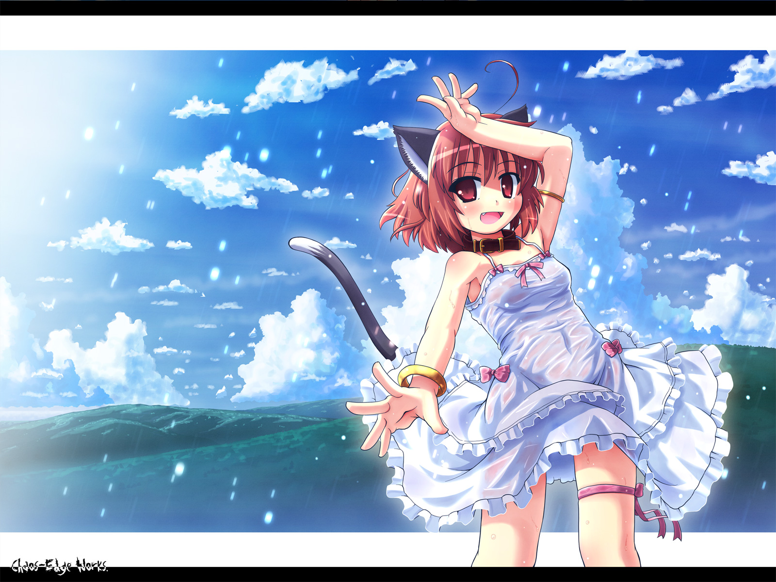 etogami kazuya, original, highres, animal ears, bracelet, cat ears, cat tail, cloud, collar, day, fang, jewelry, letterboxed, ocean, rain, red eyes, ribbon, short hair, solo, tail, thigh strap, wet, wet clothes