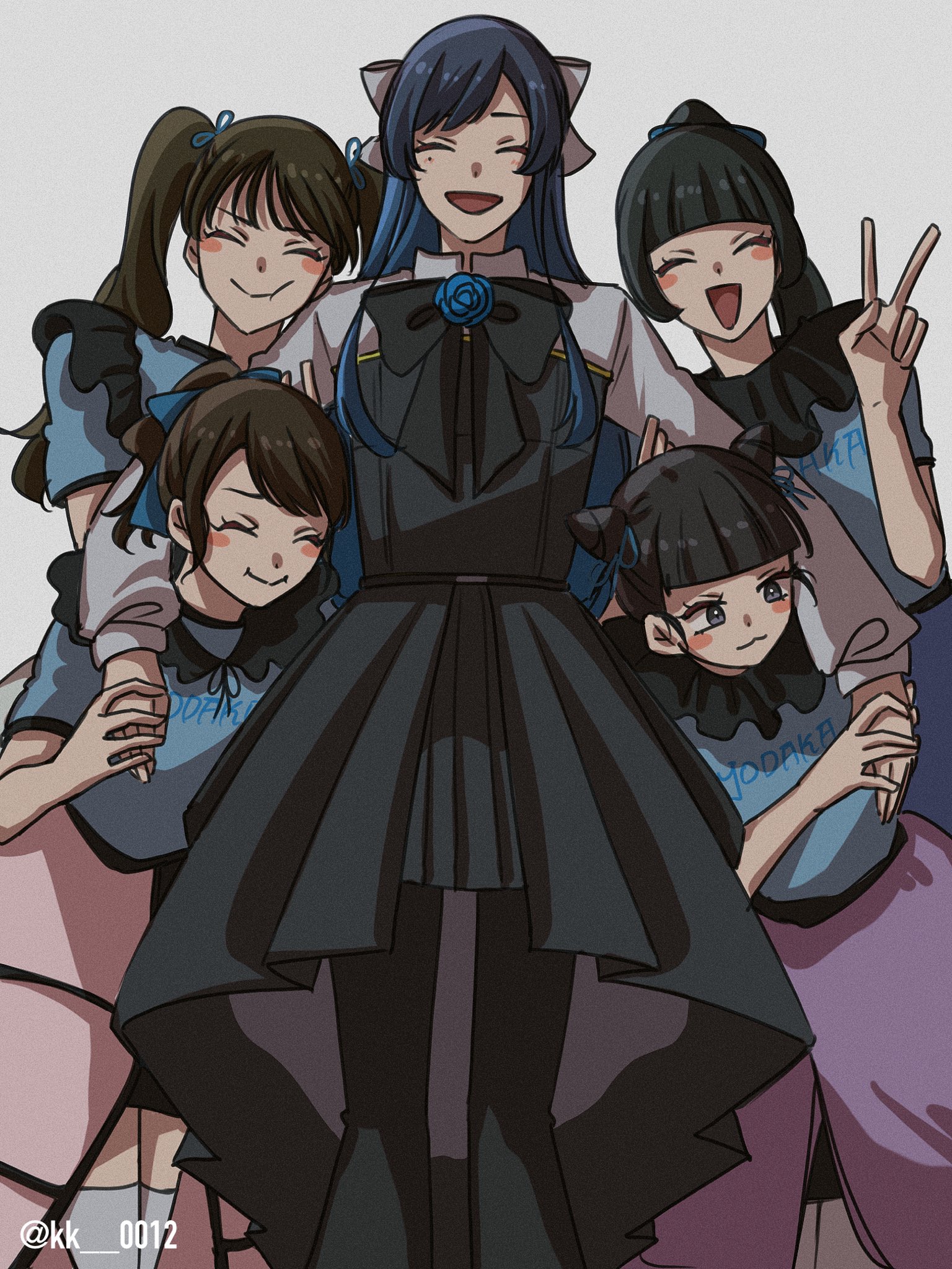 keeko (kk 0012), chando (ado), ado (utaite), commentary request, highres, 5girls, :3, black bow, black bowtie, black eyes, black hair, blue dress, blue hair, blue shirt, bow, bowtie, closed eyes, cone hair bun, dress, hair bun, long hair, miu (phantom siita), moka (phantom siita), mole, mole under eye, mona (phantom siita), multiple girls, open mouth, phantom siita, ponytail, rinka (phantom siita), shirt, twintails, utaite, v