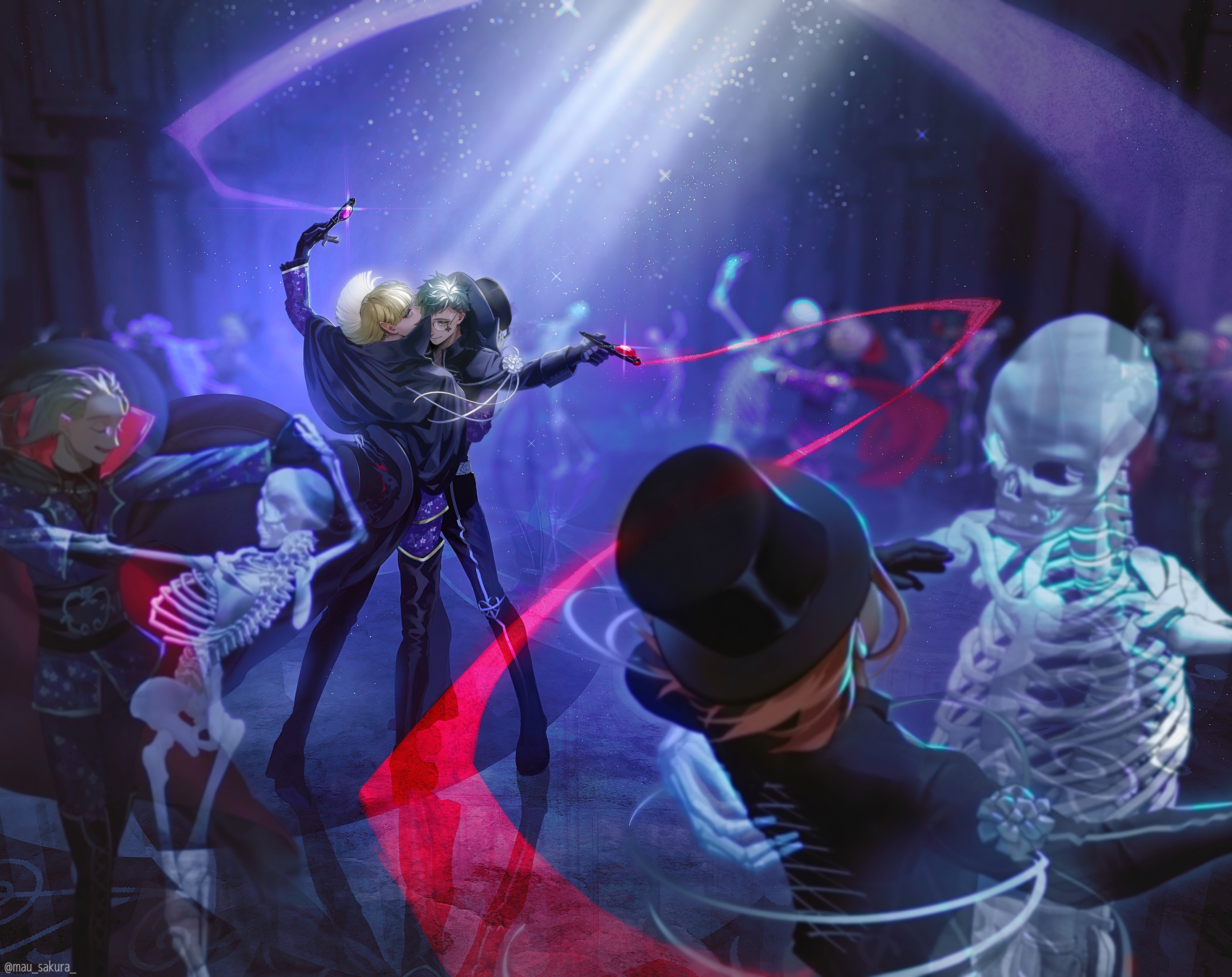 mau sakura, cater diamond, rook hunt, trey clover, twisted wonderland, absurdres, character request, commentary request, highres, 4boys, black cape, black gloves, black hair, black hat, black jacket, black pants, blonde hair, blurry, blurry background, bone, brown hair, cape, dancing, facial mark, glasses, glint, gloves, green hair, hand up, hat, holding, holding key, holding whip, hood, hood up, hooded cape, jacket, key, light particles, male focus, multiple boys, orange hair, pants, short hair, skeleton, skull, smile, standing, top hat, two-sided cape, two-sided fabric, whip