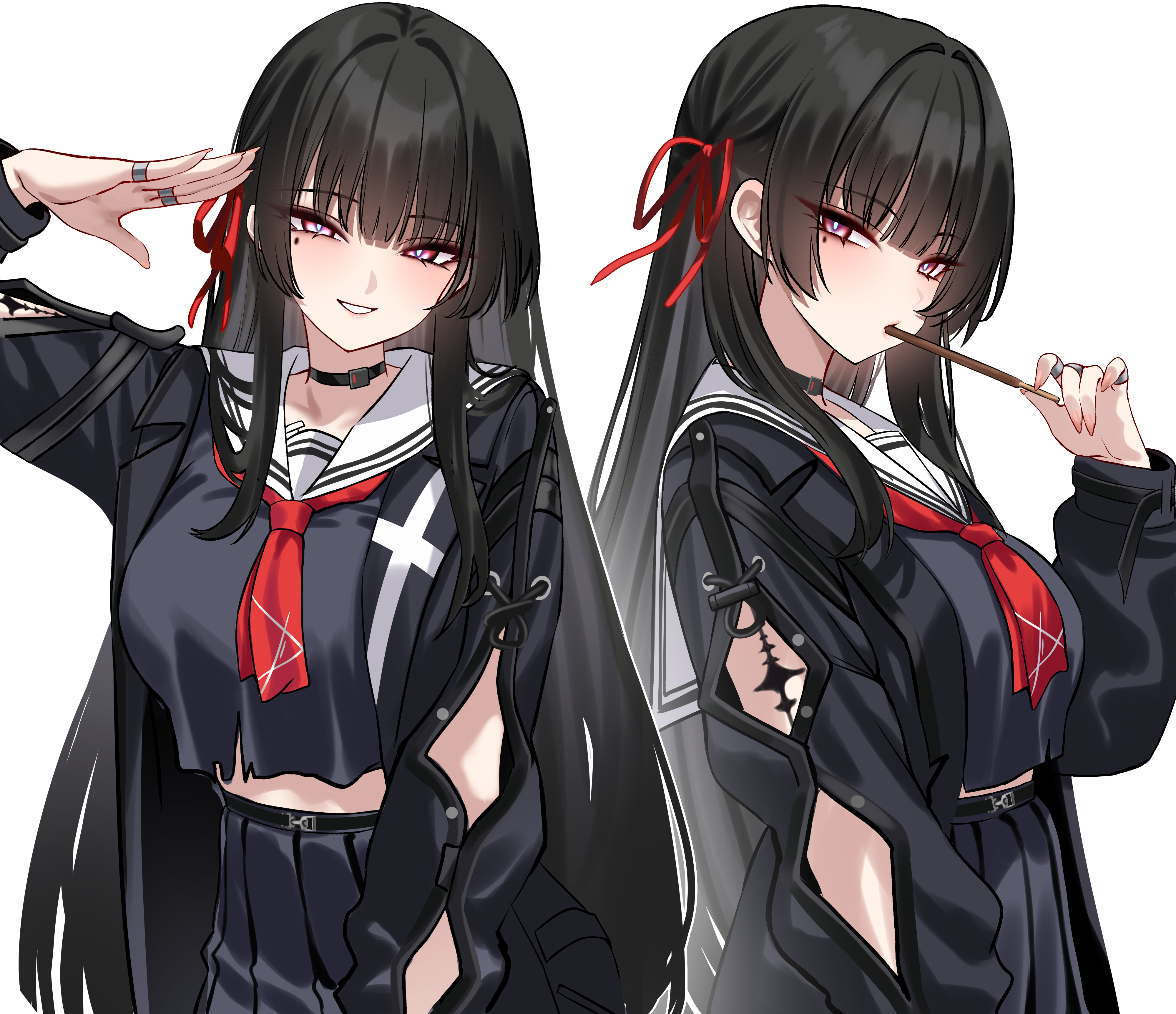 shigure s, chisa (wuthering waves), wuthering waves, absurdres, commentary, highres, paid reward available, revision, 1girl, alternate breast size (larger), arm cutout, black choker, black hair, black jacket, black serafuku, black shirt, black skirt, blush, breasts, choker, clothing cutout, crop top, fingernails, food, food in mouth, hair ribbon, hand up, jacket, large breasts, long hair, long sleeves, looking at viewer, mole, mole under eye, multiple views, neckerchief, parted lips, pocky, pocky in mouth, red eyes, red neckerchief, red ribbon, ribbon, sailor collar, school uniform, serafuku, shirt, simple background, skirt, smile, tacet mark (wuthering waves), very long hair, white background, white sailor collar