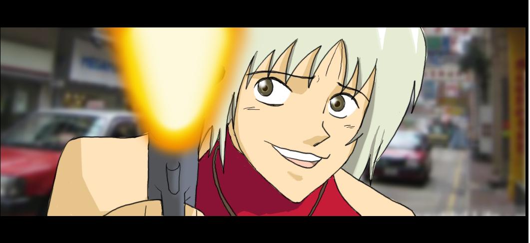 tanyan, canaan (character), 428, 428: fuusa sareta shibuya de, canaan (series), chunsoft, gundou musashi, bad id, bad pixiv id, 1girl, bare shoulders, blonde hair, brown eyes, female focus, gun, jewelry, letterboxed, parody, photo background, solo, weapon