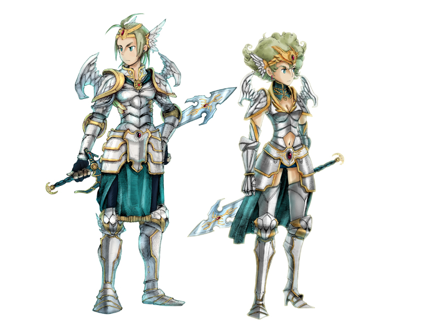 manmaru-sue, hero (dq4), heroine (dq4), chunsoft, dragon quest, dragon quest iv, enix, final fantasy, final fantasy tactics, 1boy, 1girl, armor, blue eyes, boots, breasts, circlet, cleavage, curly hair, gauntlets, green hair, head wings, medium breasts, parody, short hair, style parody, sword, weapon, wings