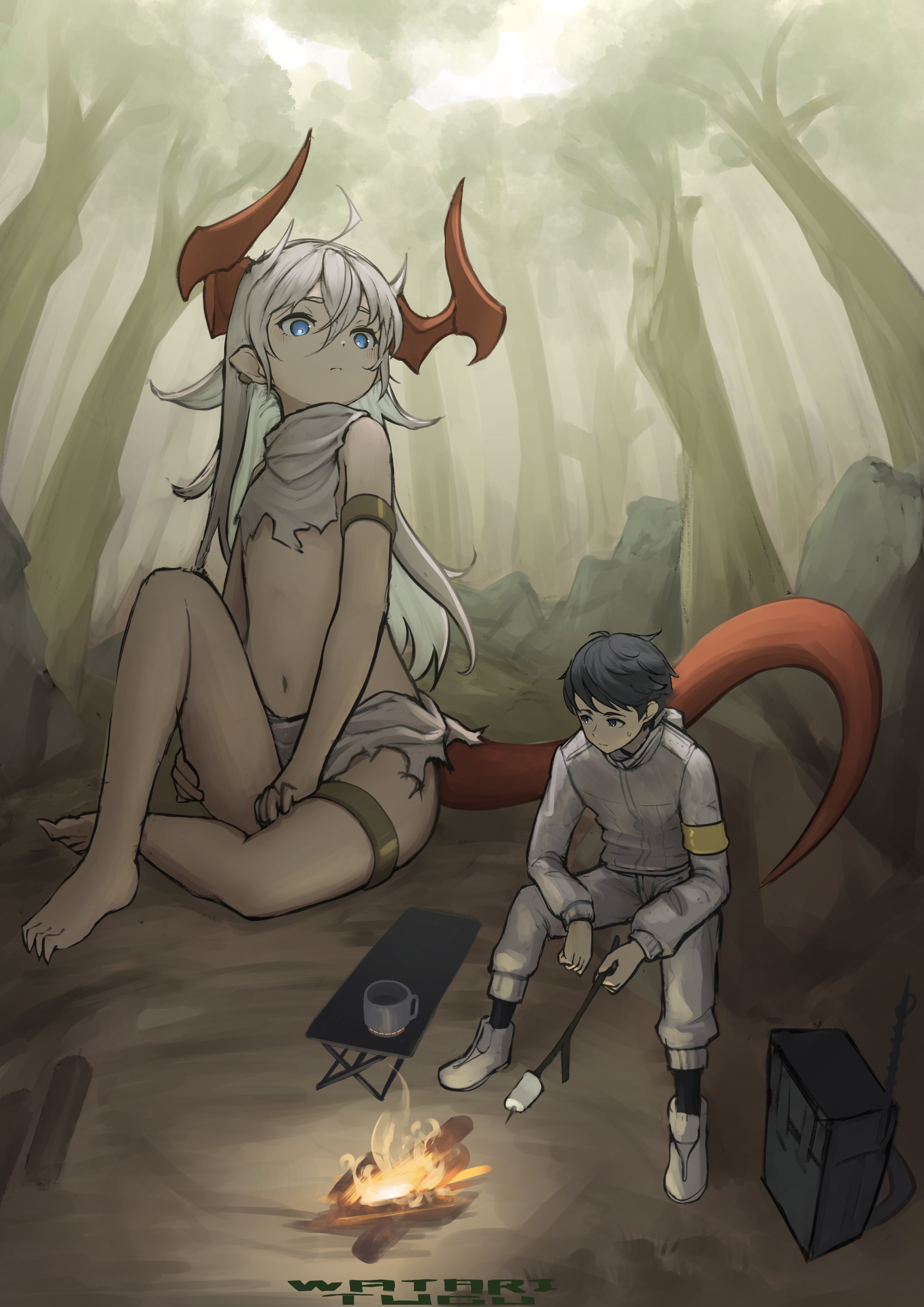 akemiya genma, original, absurdres, bad id, bad twitter id, highres, 1boy, 1girl, ahoge, armlet, artist name, barefoot, black hair, campfire, camping, cup, dragon girl, fire, flat chest, folding table, food, forest, giant, giantess, hair between eyes, hand on own thigh, horns, jacket, jewelry, long hair, looking at another, marshmallow, mug, nature, navel, outdoors, pants, red horns, red tail, sitting, size difference, table, thighlet, tree, white hair, white jacket, white pants