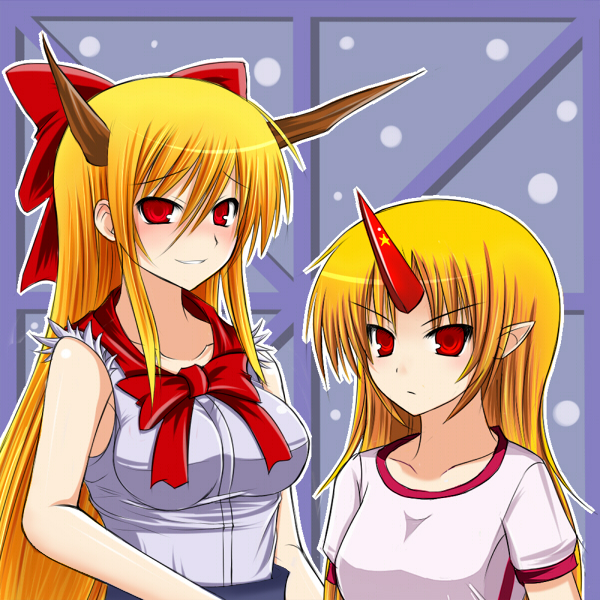 hizuki rei, koori gatsu rei, hoshiguma yuugi, ibuki suika, touhou, 2girls, aged down, aged up, blonde hair, bow, breasts, female focus, hair bow, horns, long hair, medium breasts, multiple girls, pointy ears, red eyes, single horn