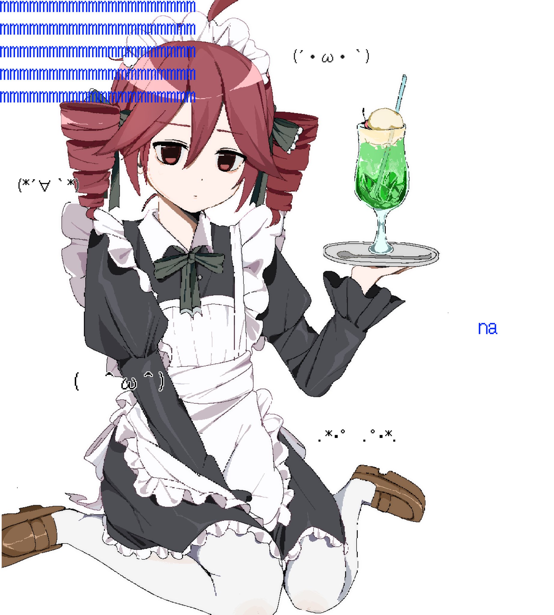 kasane teto, utau, hashtag-only commentary, highres, 1girl, 2000s (style), ahoge, apron, black dress, brown shoes, cocktail glass, cup, dress, drill hair, drink, drinking glass, emoticon, expressionless, frilled apron, frilled hairband, frilled sleeves, frills, green ribbon, hair between eyes, hair ribbon, hairband, holding, holding plate, kaomoji, kneeling, maid, maid apron, maid headdress, plate, puffy sleeves, red eyes, red hair, ribbon, shoes, simple background, solo, twin drills, uuuuua07, white apron, white background