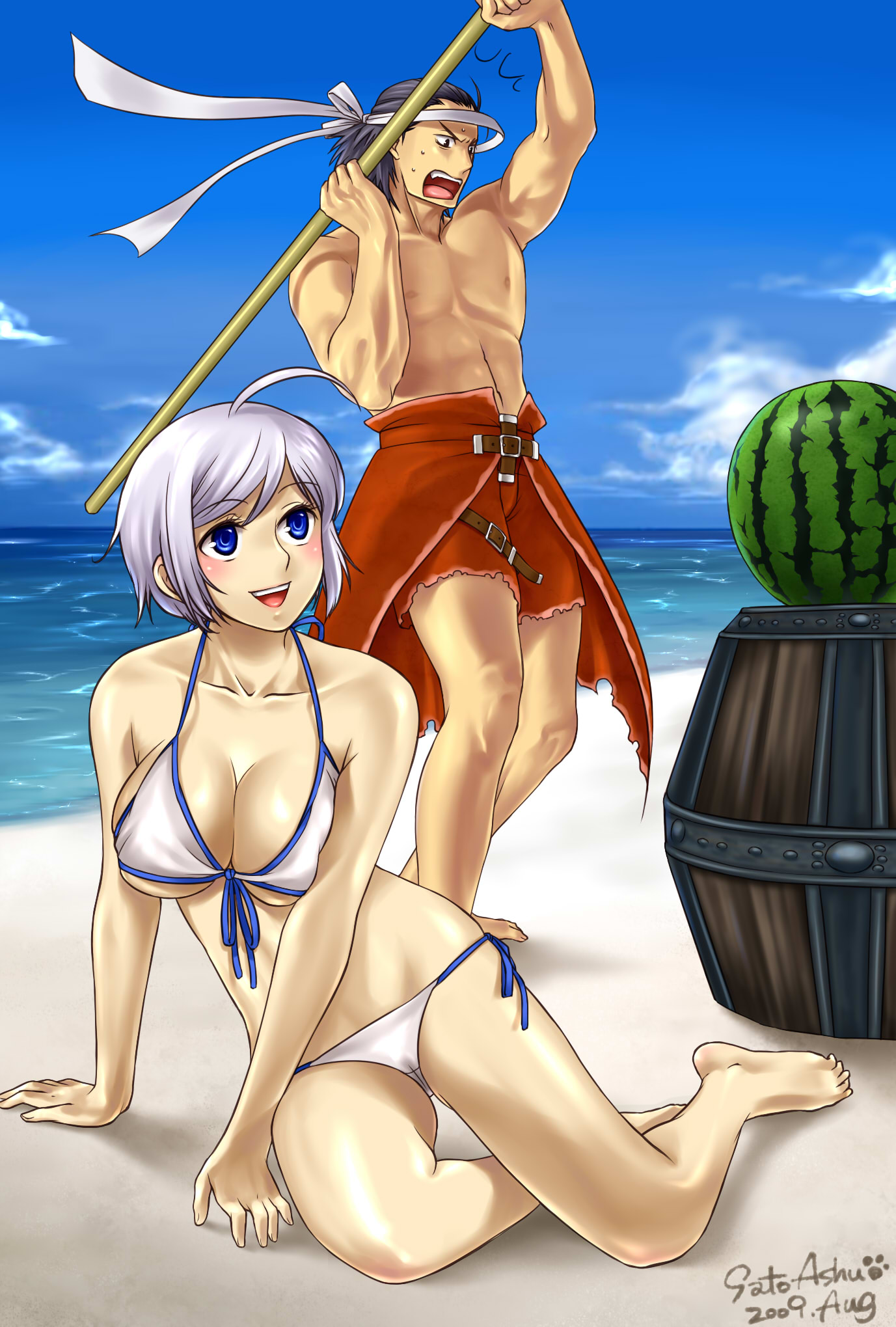 sato ashu, capcom, monster hunter (series), silver hair, highres, 1boy, 1girl, ahoge, barefoot, beach, bikini, blue eyes, breasts, cleavage, day, feet, food, front-tie top, fruit, large breasts, open mouth, outdoors, short hair, side-tie bikini bottom, smile, suikawari, swimsuit, toes, watermelon
