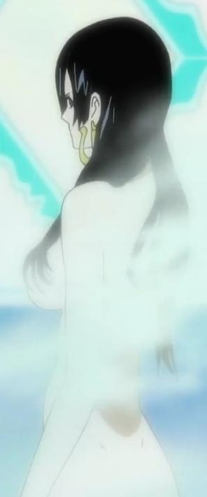 boa hancock, one piece, screencap, 1girl, bare back, bath, black hair, breasts, earrings, jewelry, large breasts, long hair, nude, onsen, sideboob, wet