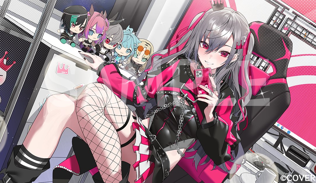 panda 0035, isaki riona, kikirara vivi, koganei niko, mizumiya su, rindo chihaya, hololive, hololive dev is, commentary request, official art, 1girl, :d, asymmetrical legwear, belt, black belt, black collar, black shrug, black skirt, breasts, cellphone, chain, chain earrings, chair, collar, copyright name, crossed bangs, crown, double-parted bangs, earrings, fishnet thighhighs, fishnets, gaming chair, grey hair, grin, hair between eyes, hair ornament, hairpin, hand up, holding, holding phone, hoop earrings, indoors, isaki riona (flowglow uniform), jewelry, layered skirt, leotard, leotard under clothes, long hair, looking at viewer, medium breasts, mini crown, miniskirt, mismatched legwear, nail polish, official alternate costume, official alternate hairstyle, on chair, open mouth, phone, pink ribbon, pleated skirt, purple eyes, ribbon, sample watermark, shrug (clothing), single sidelock, single sock, sitting, skirt, smartphone, smile, socks, solo, striped clothes, striped socks, stuffed toy, swivel chair, thigh strap, thighhighs, tilted headwear, two side up, uneven legwear, virtual youtuber, watermark, white skirt