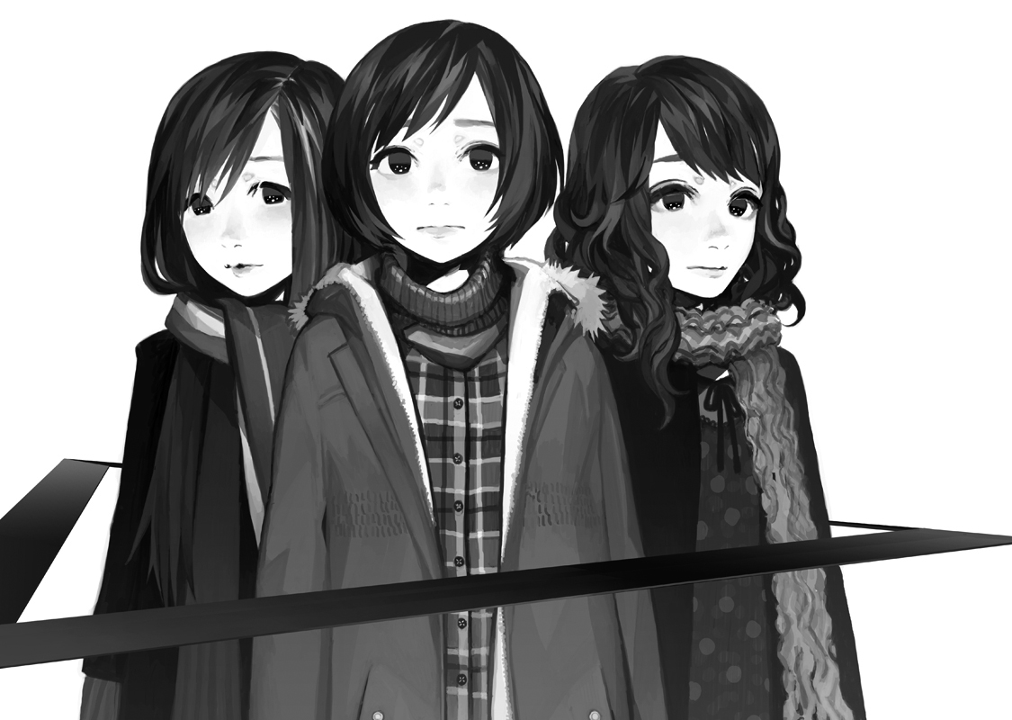 matayoshi, a~chan, kashiyuka, nocchi (perfume), perfume (band), 3girls, coat, greyscale, monochrome, multiple girls, scarf, short hair, triangle