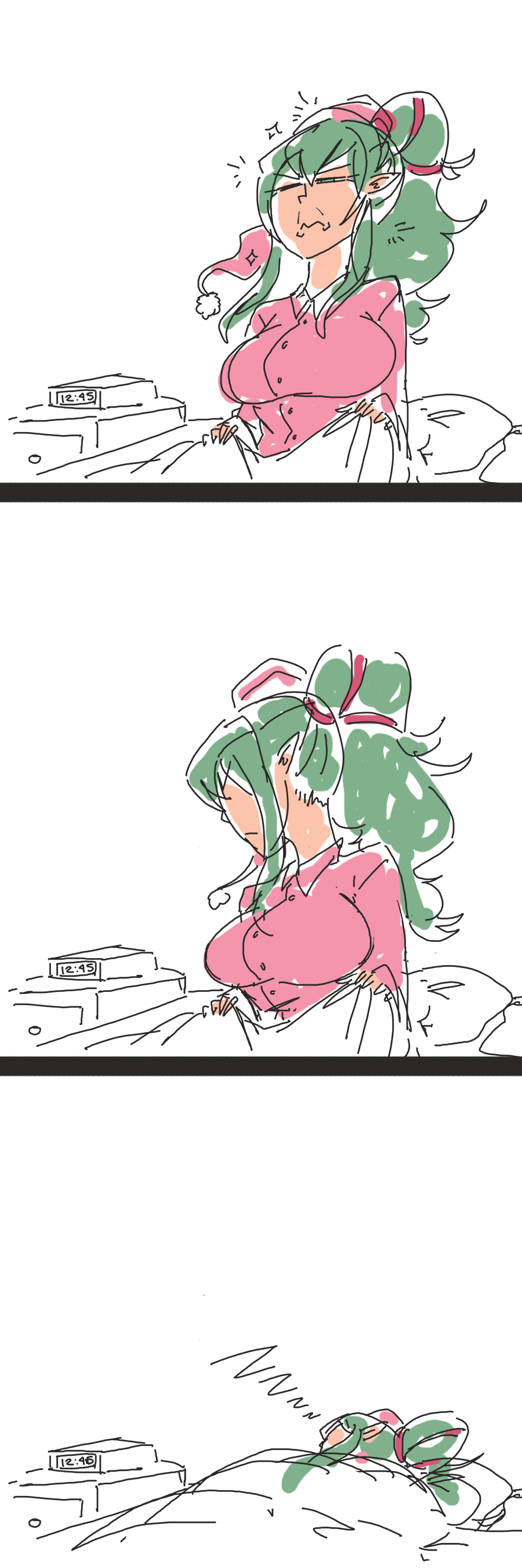 davewaterfalls, tiki (adult) (fire emblem), tiki (fire emblem), fire emblem, fire emblem awakening, nintendo, 3koma, alarm clock, blanket, breasts, clock, comic, dragon girl, green eyes, green hair, horse girl, large breasts, nightstand, pajamas, pillow, pointy ears, sketch, sleeping, waking up