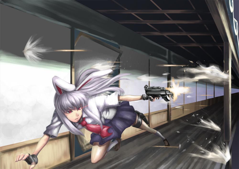 scottie (phantom2), reisen udongein inaba, heckler & koch, touhou, bad id, bad pixiv id, 1girl, animal ears, dress shirt, female focus, fingerless gloves, firing, gloves, glowing, glowing eye, gun, h&k mp5k, holding, holding gun, holding weapon, long hair, muzzle flash, necktie, pleated skirt, purple hair, rabbit ears, red eyes, red necktie, shirt, shouji, skirt, sliding doors, solo, submachine gun, weapon