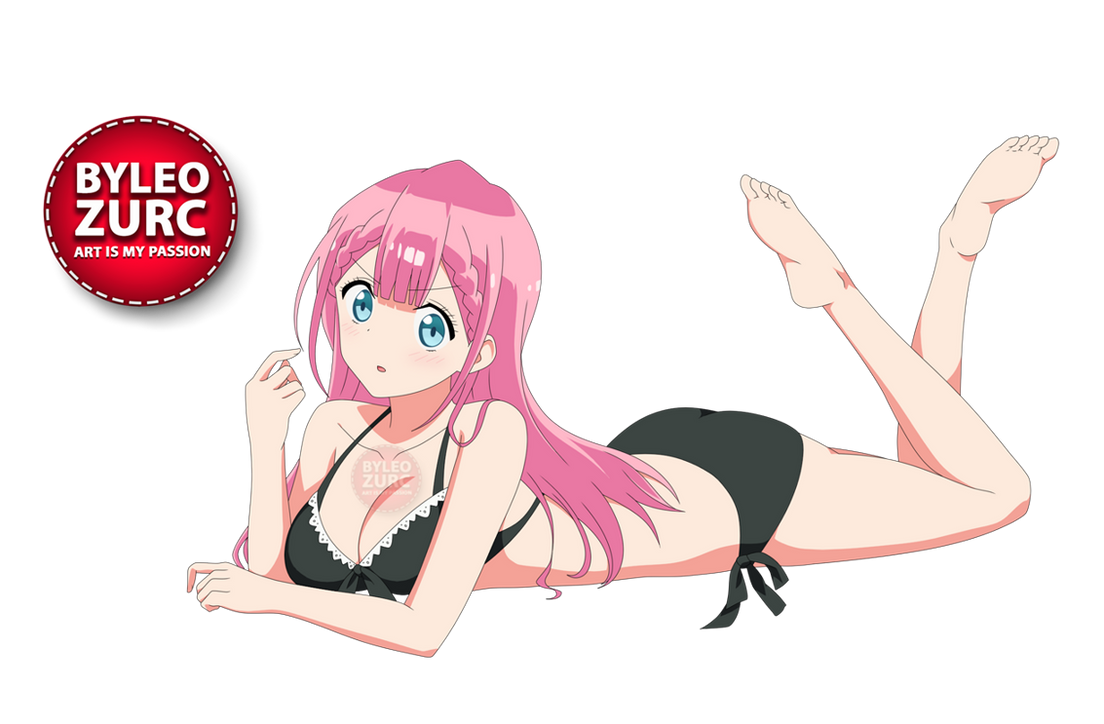 leozurcxxx, kirisu mafuyu, bokutachi wa benkyou ga dekinai, 1girl, barefoot, blue eyes, bra, breasts, feet, long hair, panties, pink hair, solo, swimsuit, transparent background, underwear