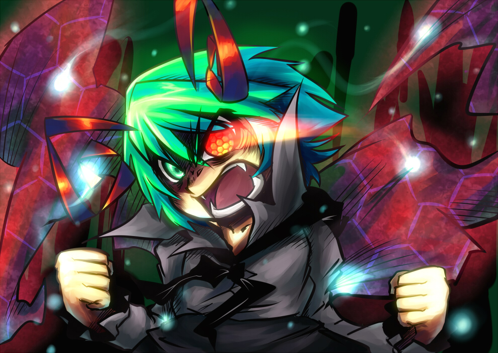 tora (pixiv), tora (trampjing), wriggle nightbug, touhou, 1girl, angry, antennae, bug, cape, compound eyes, epic, fangs, female focus, fireflies, firefly, glowing, glowing eye, glowing eyes, green eyes, green hair, heterochromia, matching hair/eyes, short hair, solo
