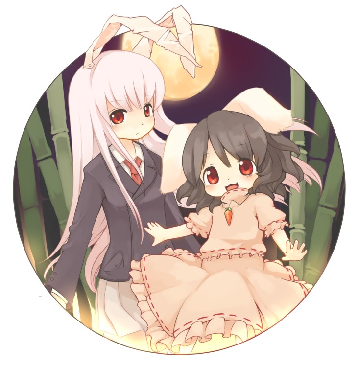 kishibe, inaba tewi, reisen udongein inaba, touhou, 2girls, :3, animal ears, bamboo, bamboo forest, black hair, blazer, female focus, forest, jacket, long hair, moon, multiple girls, nature, necktie, open mouth, pleated skirt, purple hair, rabbit ears, red eyes, short hair, skirt