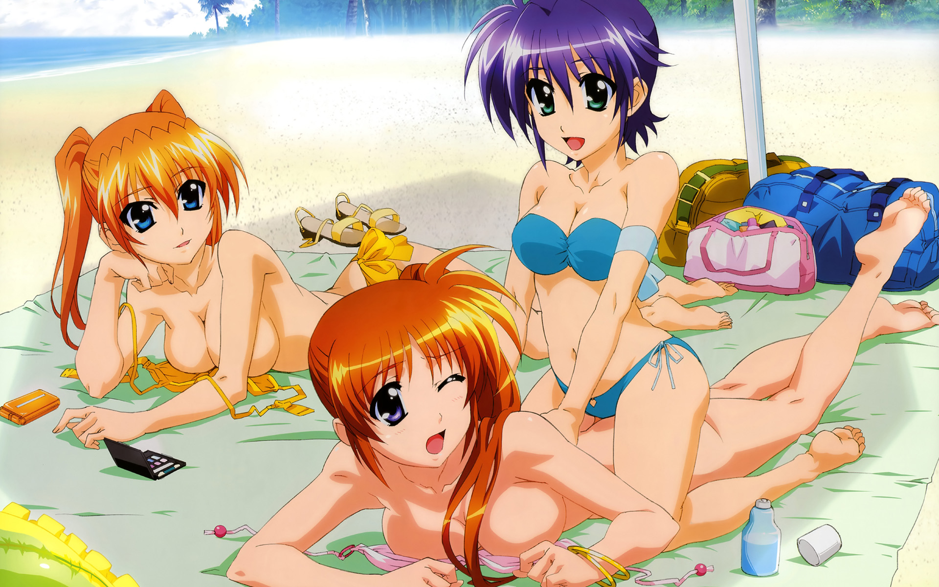 hashimoto takayoshi, subaru nakajima, takamachi nanoha, teana lanster, lyrical nanoha, mahou shoujo lyrical nanoha, mahou shoujo lyrical nanoha strikers, nyantype, highres, official art, official wallpaper, 00s, 3girls, ass, barefoot, beach, bikini, blue eyes, bottomless, bracelet, breasts, brown hair, cleavage, day, green eyes, happy, jewelry, long hair, lotion, lotion bottle, medium breasts, multiple girls, one eye closed, open mouth, orange hair, outdoors, purple eyes, purple hair, short hair, side-tie bikini bottom, side ponytail, smile, strap slip, strapless, strapless bikini, swimsuit, topless female, twintails, untied bikini, wink, yuri