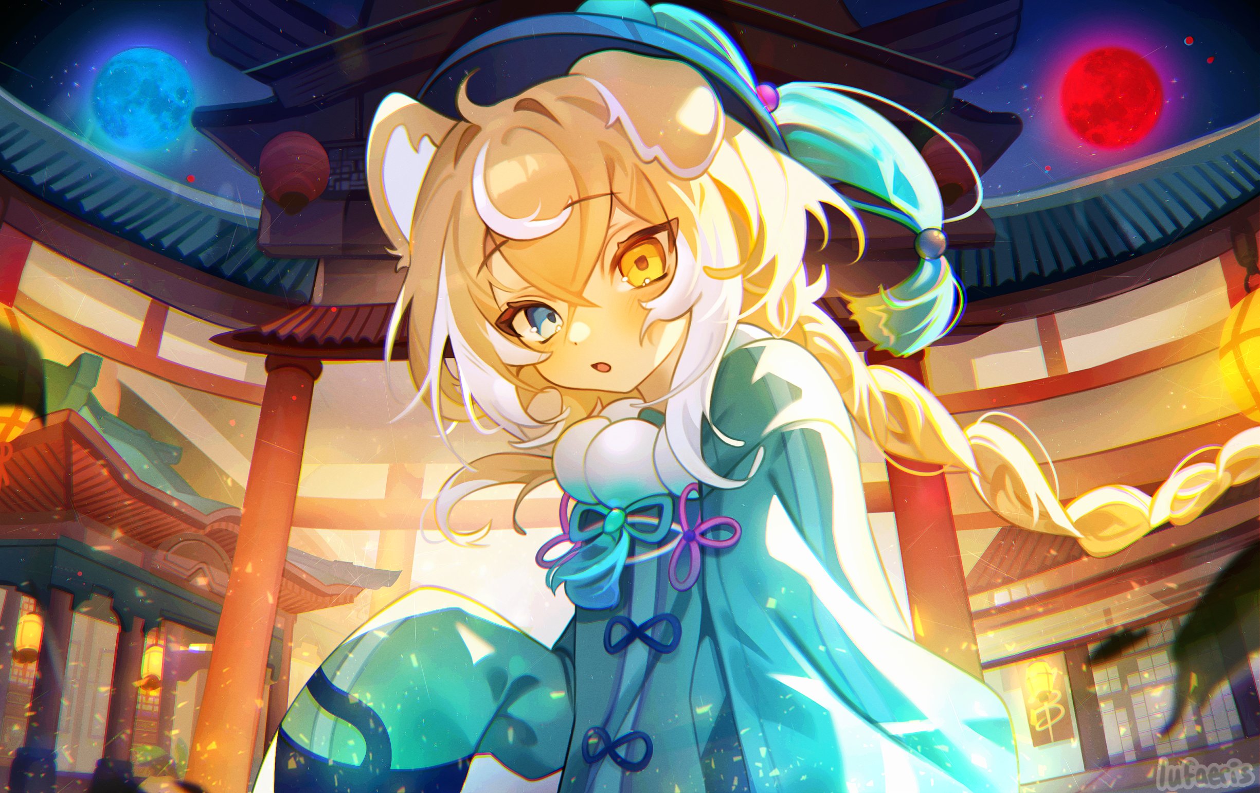 cloud (lufaeris), original, commentary, english commentary, highres, 1girl, animal ears, architecture, blonde hair, blue coat, blue eyes, blue moon, braid, braided ponytail, building, coat, crossed bangs, dog ears, dog girl, double-parted bangs, east asian architecture, full moon, hair between eyes, long hair, looking at viewer, moon, multicolored hair, multiple moons, night, open mouth, outdoors, red moon, solo, streaked hair, upper body, white streaks, yellow eyes