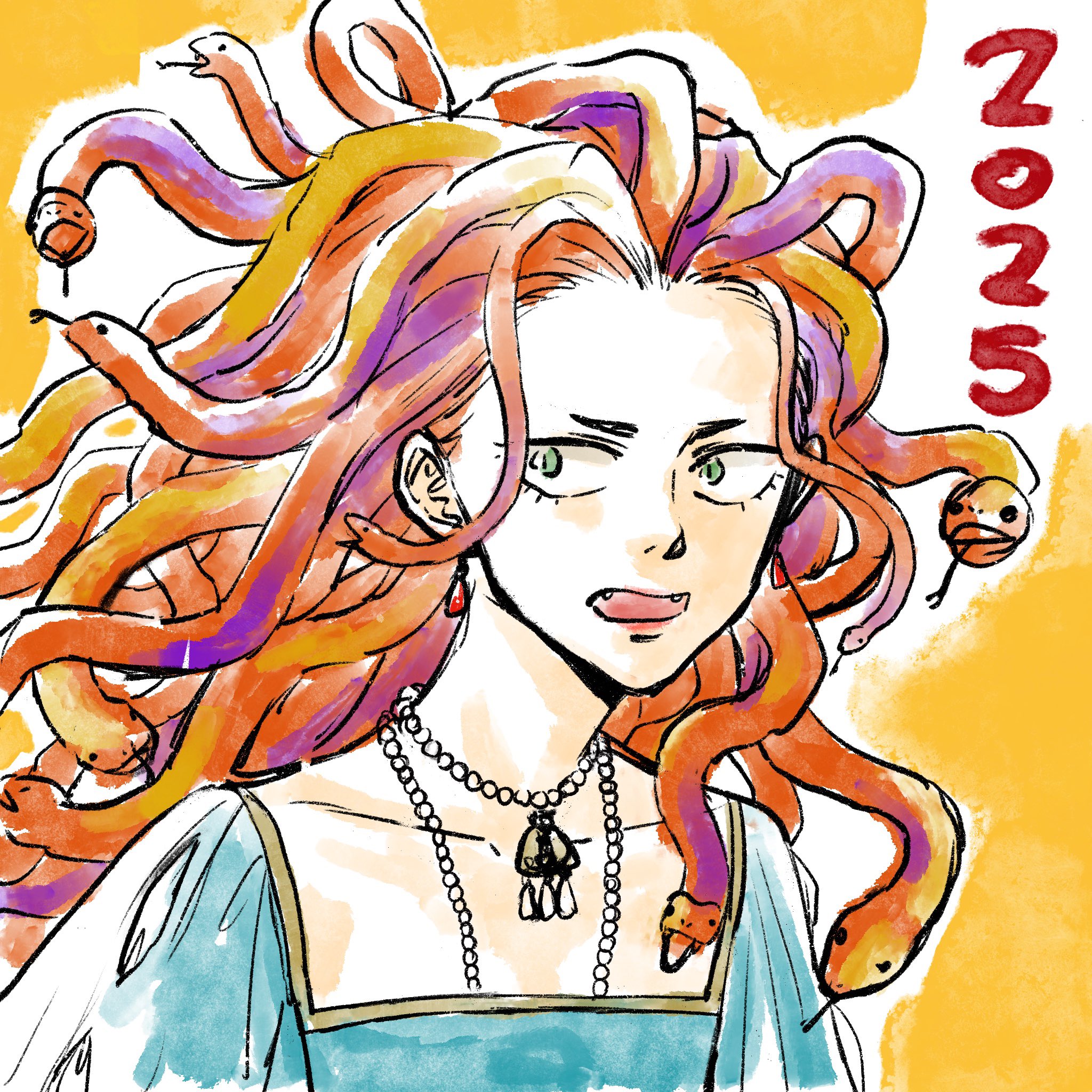 kozaki ai, character request, commentary request, highres, official art, 1girl, 2025, bead necklace, beads, blue dress, cecil no joou, dress, earrings, fangs, green eyes, jewelry, long hair, looking to the side, necklace, open mouth, portrait, snake hair, solo