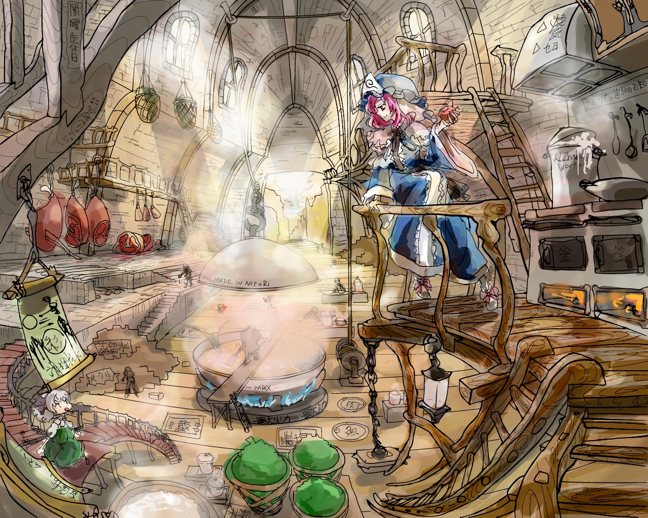 fifiruu, konpaku youmu, saigyouji yuyuko, the iron of yin and yang, touhou, 2girls, english text, engrish text, factory, female focus, food, kitchen, meat, multiple girls, ranguage