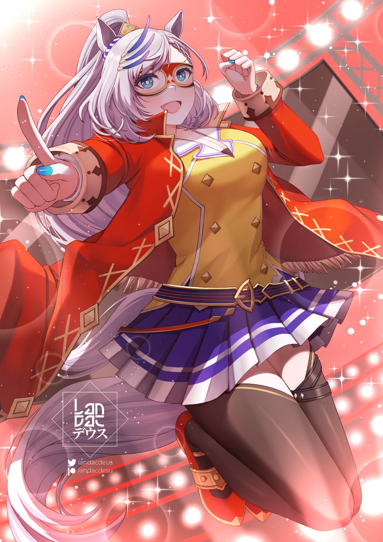 landacdeus, el condor pasa (el numero 1) (umamusume), el condor pasa (umamusume), pavolia reine, hololive, hololive indonesia, umamusume, commentary, highres, 1girl, alternate costume, animal ears, artist logo, black thighhighs, blue eyes, blue nails, braid, braided bangs, breasts, bright pupils, buttons, cleavage, cosplay, double-breasted, el condor pasa (umamusume) (cosplay), feather hair ornament, feathers, fingernails, grey hair, hair ornament, high ponytail, horse ears, horse girl, horse tail, jacket, jumping, kemonomimi mode, large breasts, light blush, logo, long hair, long sleeves, looking at viewer, mask, miniskirt, nail polish, open clothes, open jacket, open mouth, patreon logo, patreon username, pleated skirt, pointing, pointing up, ponytail, purple skirt, red jacket, red shoes, shirt, shoes, skirt, smile, solo, stage, stage lights, tail, thighhighs, twitter logo, twitter username, virtual youtuber, wrestling mask, yellow shirt