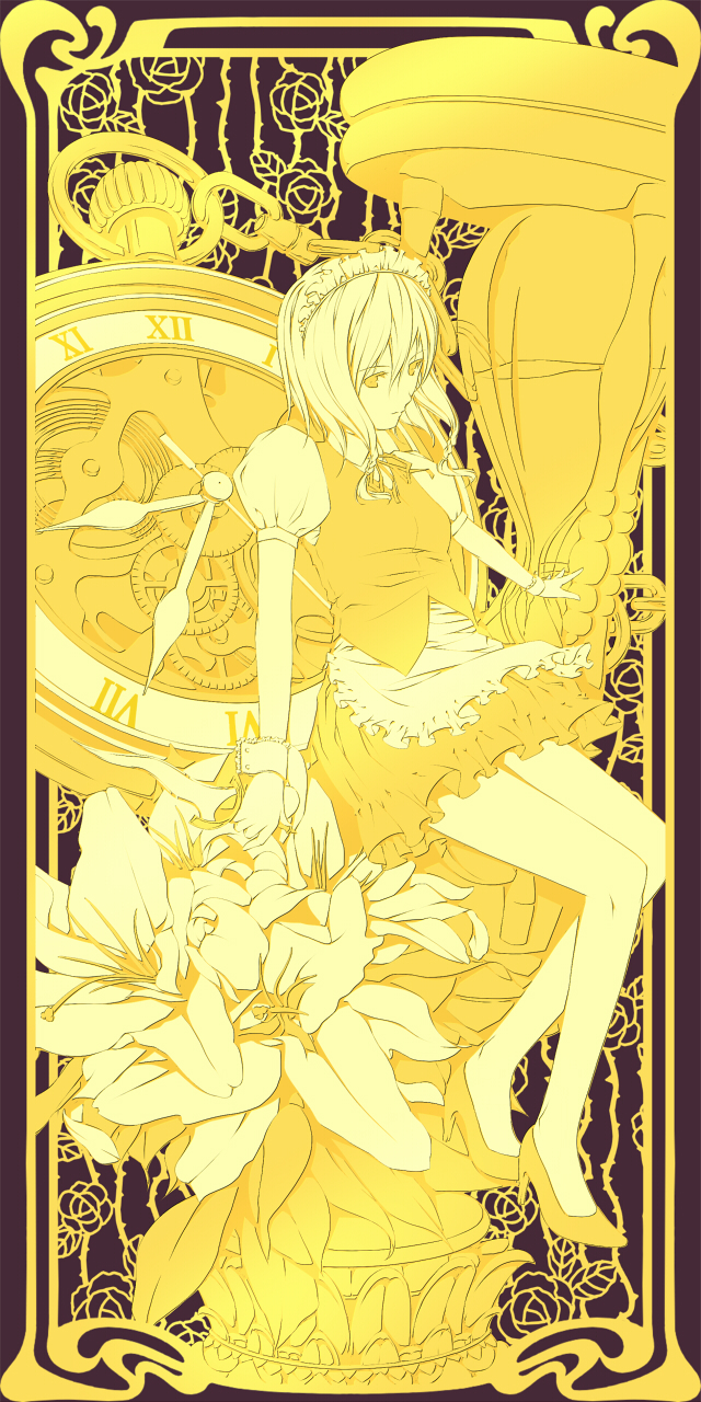 ayasaka, izayoi sakuya, touhou, bad id, bad pixiv id, highres, 1girl, analog clock, clock, female focus, flower, hourglass, monochrome, pocket watch, roman numeral, rose, solo, watch, yellow theme