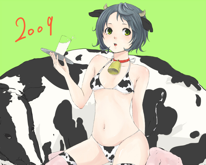 eguchi jaws, original, 00s, 1girl, 2009, animal ears, animal print, bell, bikini, breasts, chinese zodiac, collar, cow, cow ears, cow girl, cow print, cowbell, female focus, flat chest, green eyes, grey hair, horns, milk, neck bell, new year, short hair, small breasts, solo, swimsuit, tail, thighhighs, tray, year of the ox