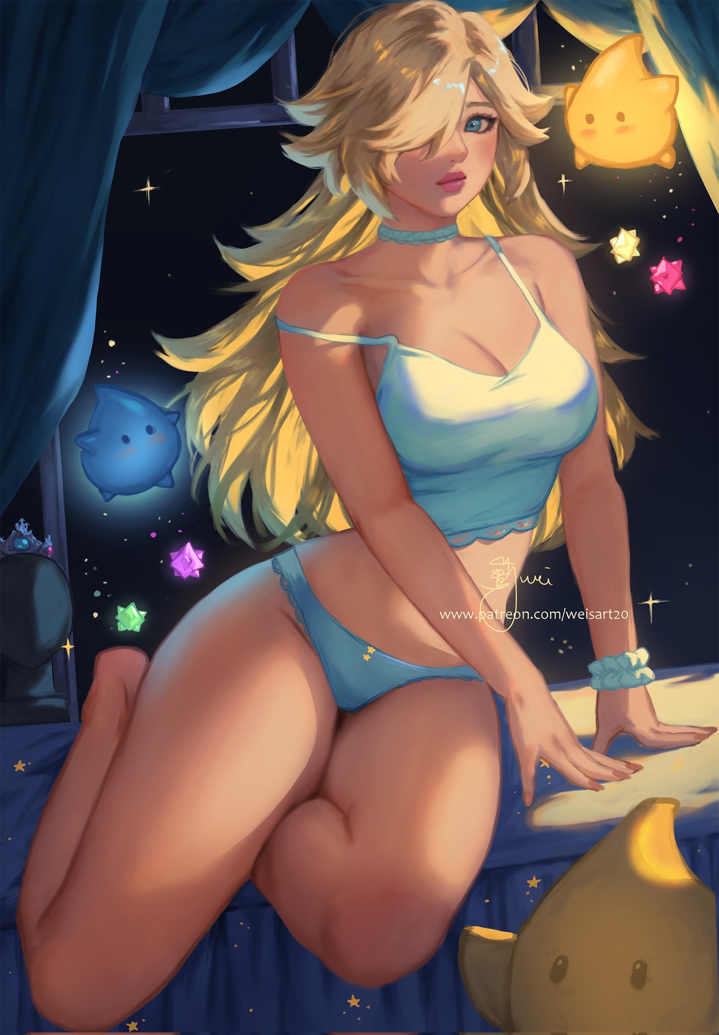 wei (promise 0820), luma (mario), lumalee, rosalina, mario (series), nintendo, super mario galaxy, commentary, highres, 1girl, arm support, bare arms, bare legs, barefoot, bed, blonde hair, blue camisole, blue choker, blue eyes, blue panties, blue scrunchie, blush, breasts, camisole, choker, cleavage, collarbone, covered navel, crown, curtains, fingernails, frilled panties, frills, full body, groin, hair over one eye, indoors, large breasts, lips, long fingernails, long hair, looking at viewer, midriff, night, night sky, on bed, open window, panties, patreon username, scrunchie, sidelocks, signature, single bare shoulder, sitting, sky, solo focus, spaghetti strap, strap slip, thighs, underwear, watermark, web address, window, wrist scrunchie, yokozuwari