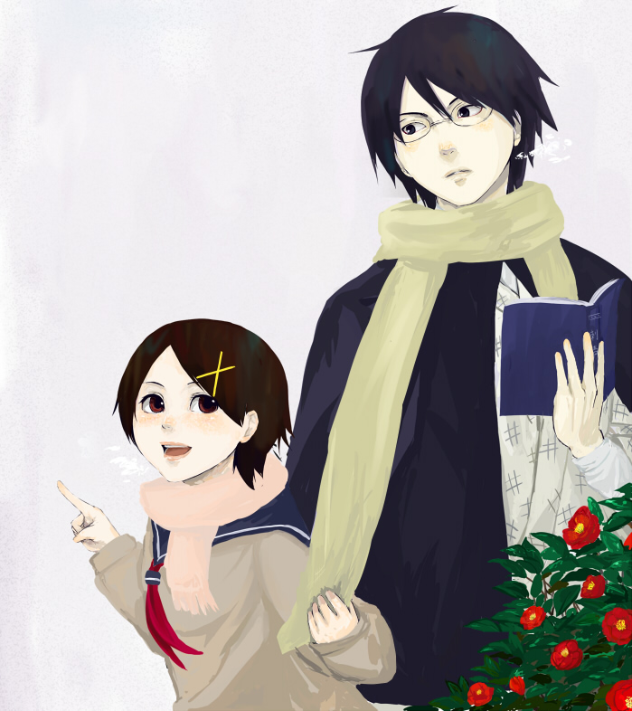 eguchi, eguchi jaws, fuura kafuka, itoshiki nozomu, sayonara zetsubou sensei, 00s, 1boy, 1girl, black hair, book, flower, glasses, hair ornament, hairclip, scarf, school uniform, short hair