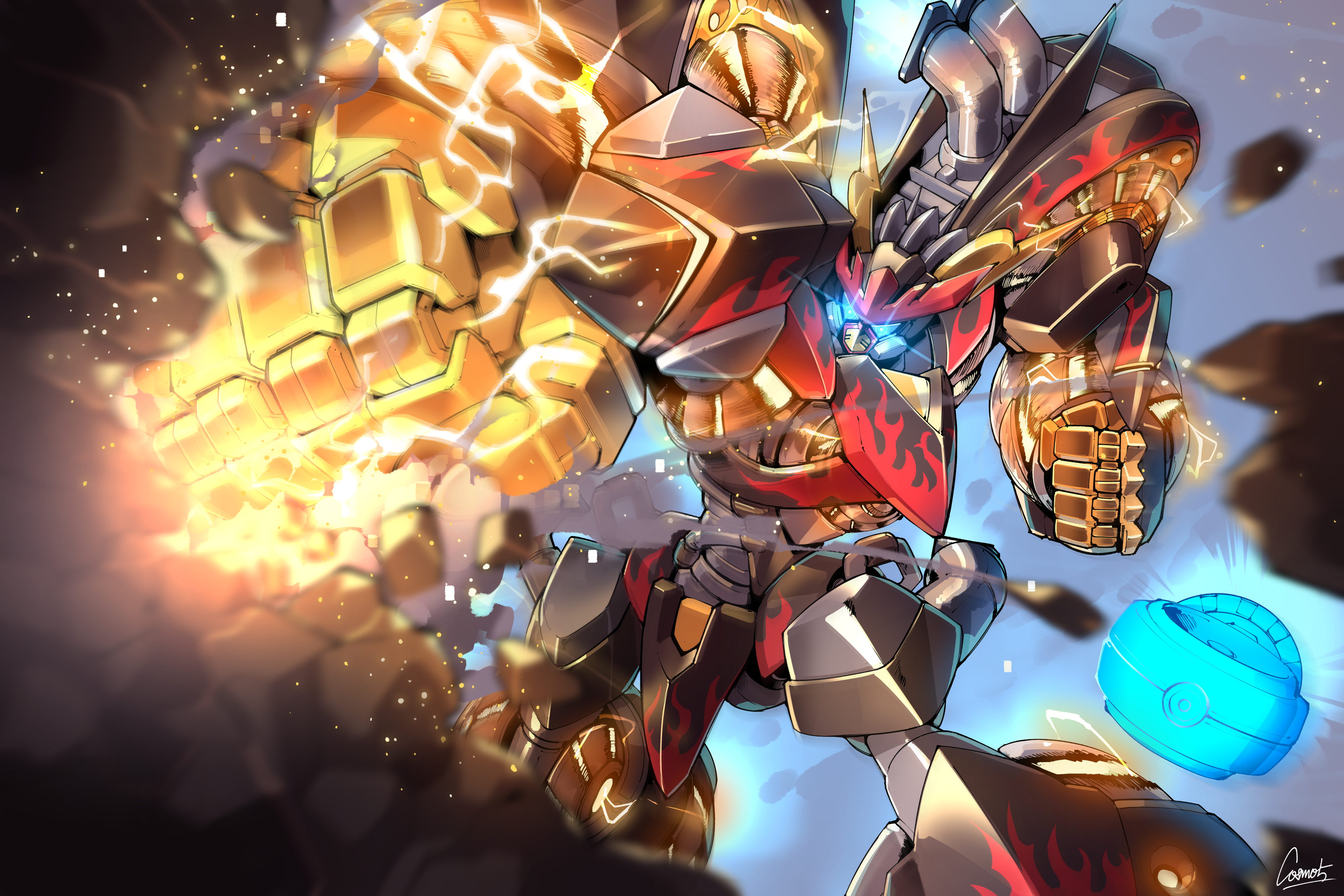 cosmo-5, ryzeal detonator, yu-gi-oh!, absurdres, commentary request, highres, breaking through wall, clenched hand, clenched hands, debris, duel monster, electricity, glowing, glowing eyes, mecha, mecha focus, no humans, punching, robot, signature