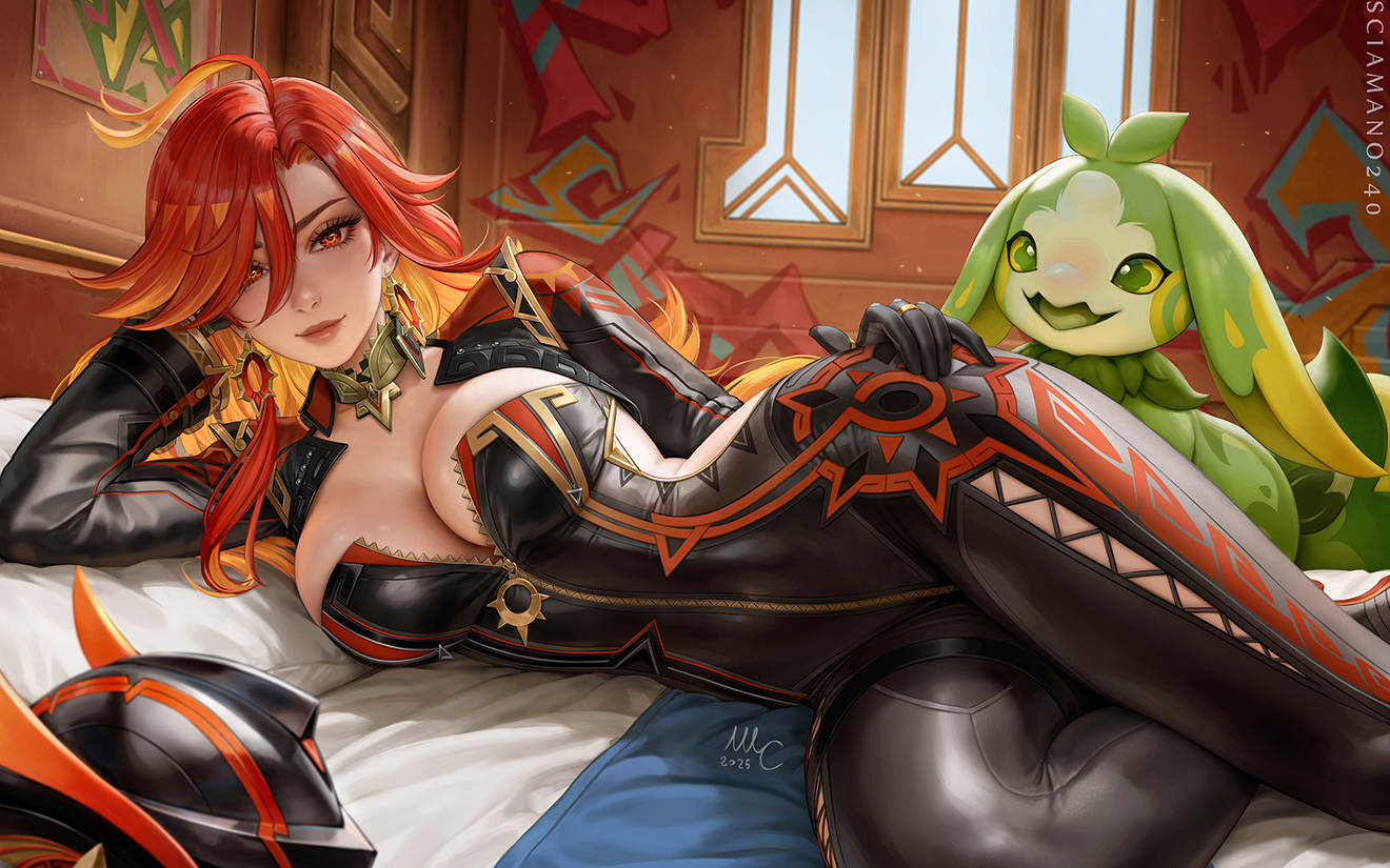 sciamano240, mavuika (genshin impact), yumkasaurus (genshin impact), genshin impact, commentary, english commentary, paid reward available, revision, 1girl, ahoge, artist name, bed, biker clothes, bikesuit, black bodysuit, black gloves, black jacket, bodysuit, breasts, closed mouth, earrings, gloves, hair between eyes, hand on own hip, head rest, helmet, indoors, jacket, jewelry, large breasts, lips, long hair, long sleeves, looking at viewer, lying, multicolored hair, on bed, on side, orange eyes, orange hair, red hair, sideless outfit, smile, solo, symbol in eye, two-tone hair, unworn headwear, unworn helmet, zipper pull tab