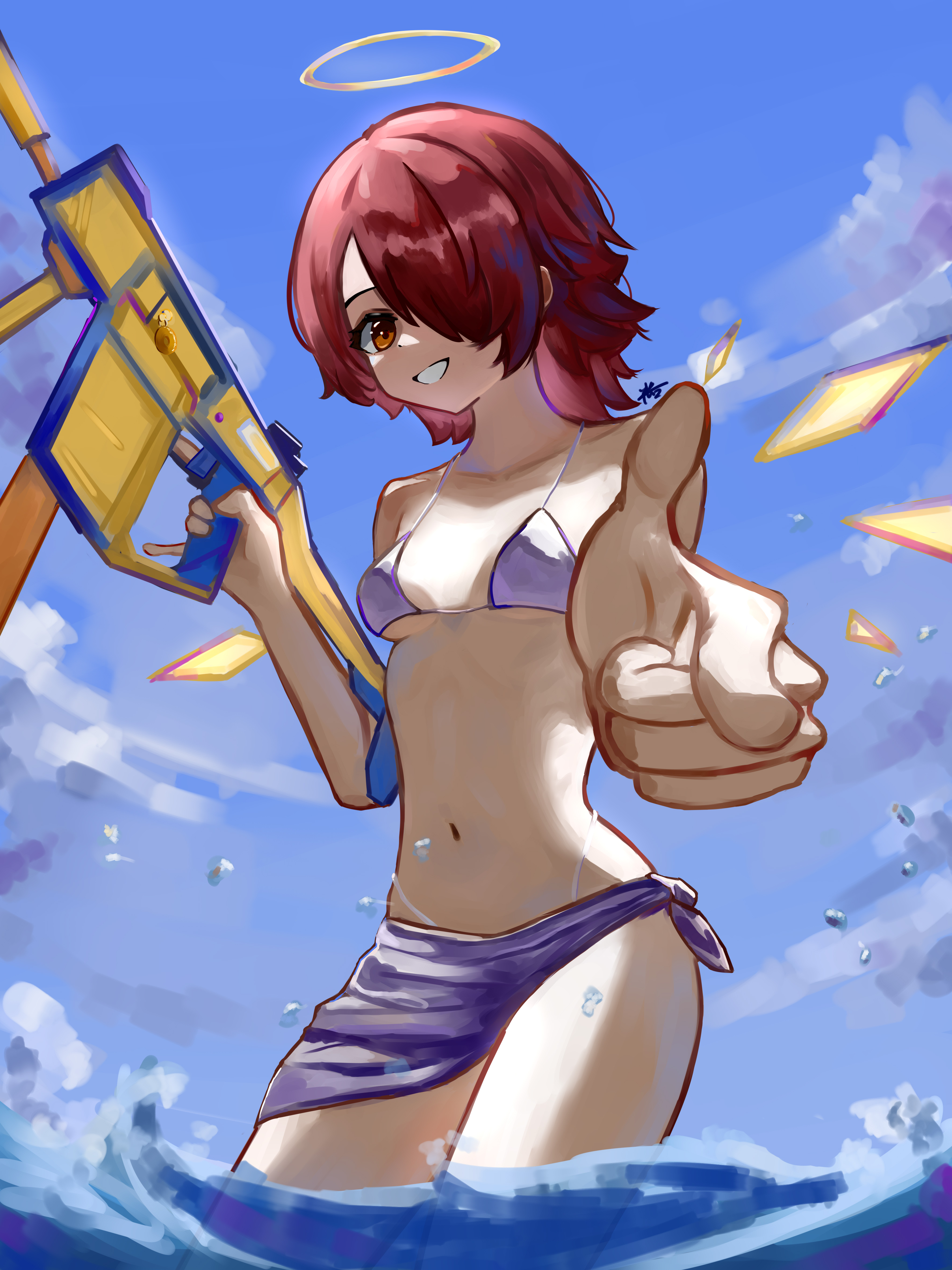 exusiai (arknights), arknights, absurdres, chinese commentary, commentary request, highres, 1girl, bikini, breasts, day, gun, hair over one eye, halo, kriss vector, looking at viewer, medium breasts, medium hair, navel, outdoors, purple bikini, red hair, solo, stomach, submachine gun, swimsuit, wading, weapon, y feng l
